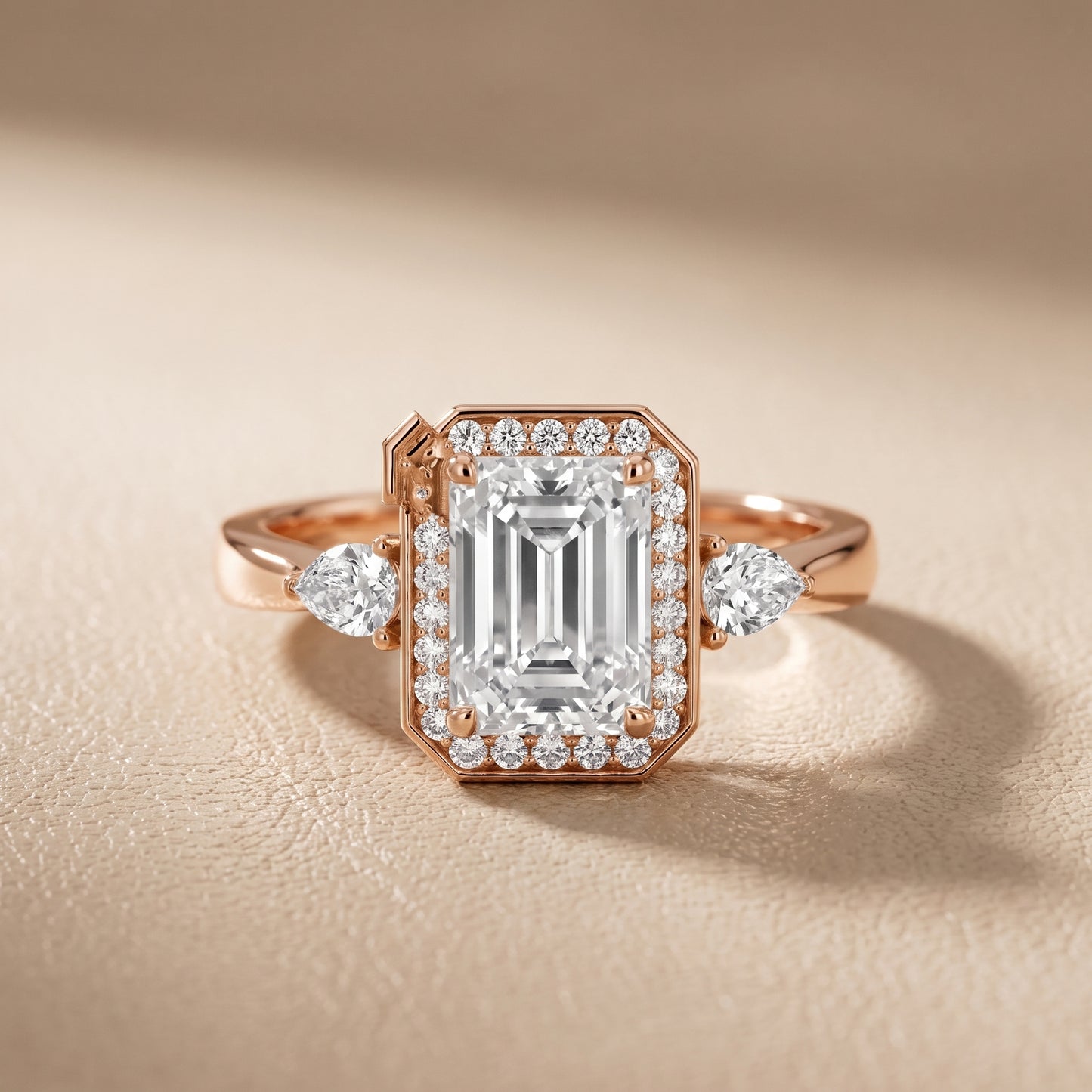 Eliza Halo Sidestone Emerald Diamond Engagement Ring in Rose Gold - front.jpg