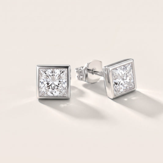 Luna Bezel Princess Diamond Earrings in White Gold [studio-20261024]