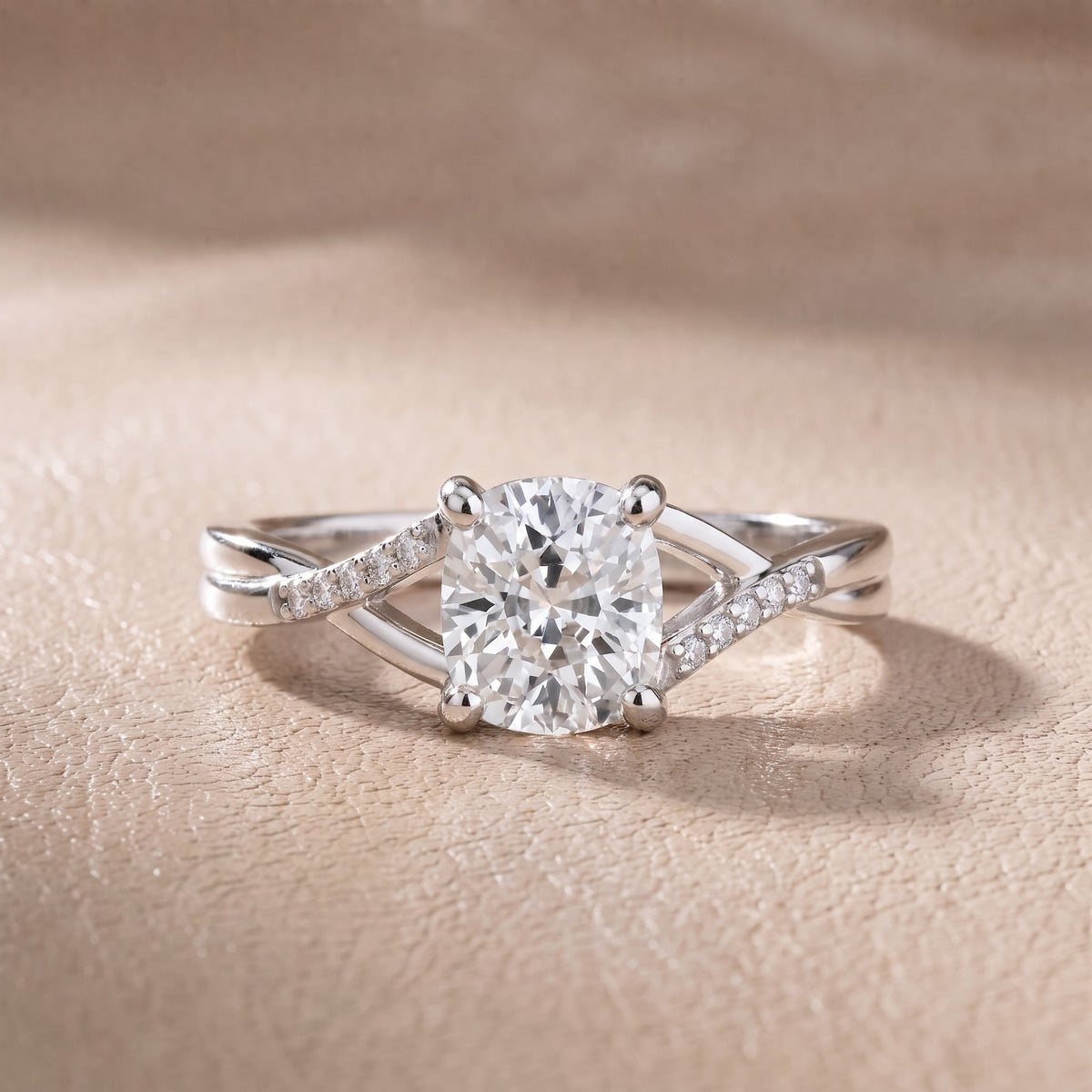 Veronica Twist Side Stone Cushion Diamond Engagement Ring in Platinum - front.jpg