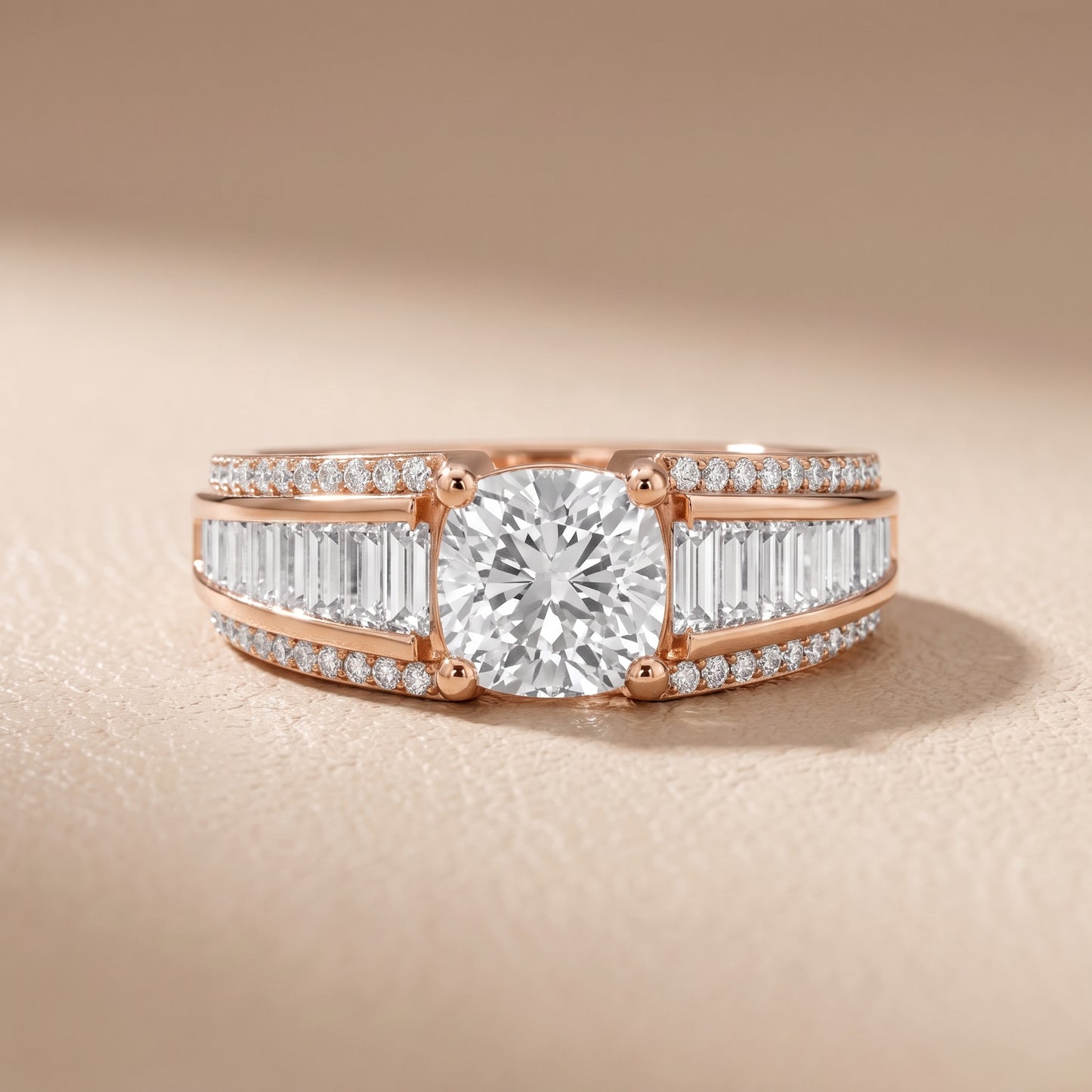 Halle Channel Set Baguette Accent Cushion Diamond Engagement Ring in Rose Gold - front.jpg
