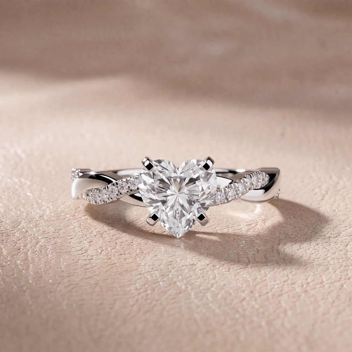 Twisted Side Stone Heart Diamond Engagement Ring in White Gold - front.jpg
