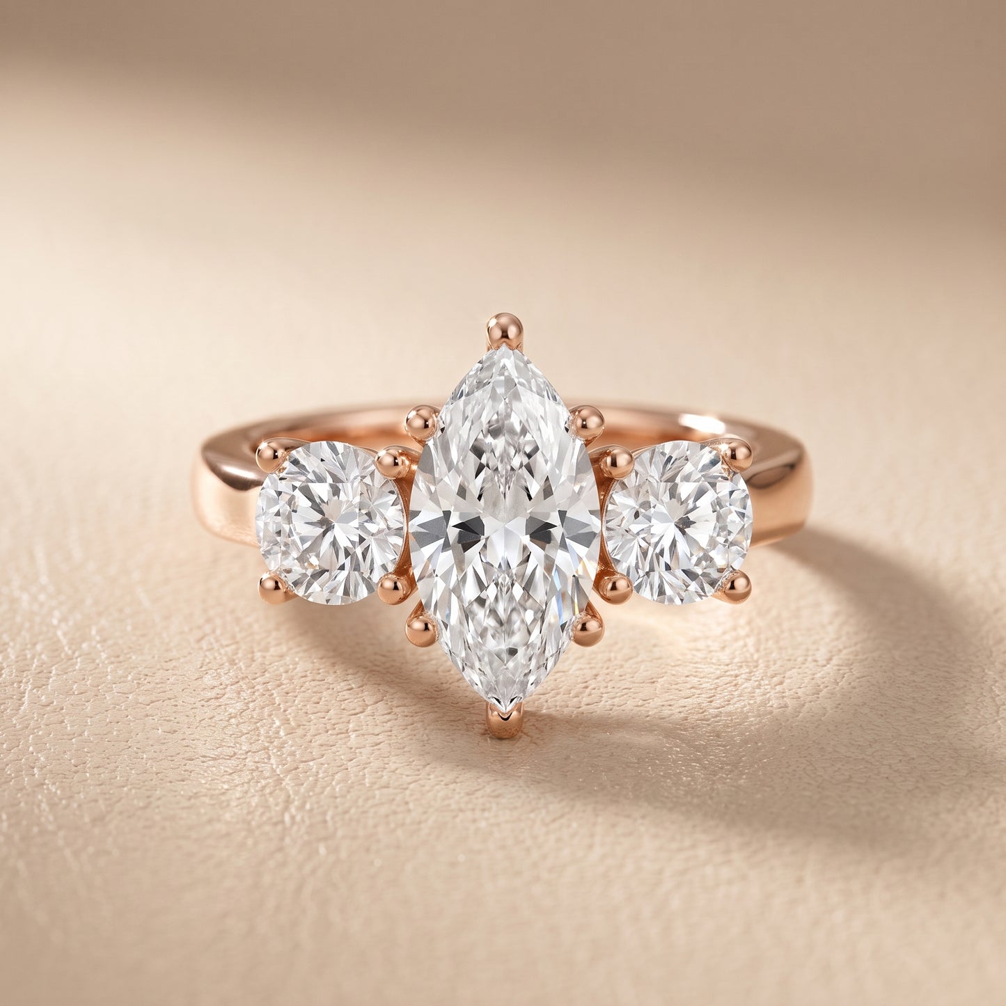 Callie Three-Stone Trellis Marquise Diamond Engagement Ring in Rose Gold - front.jpg