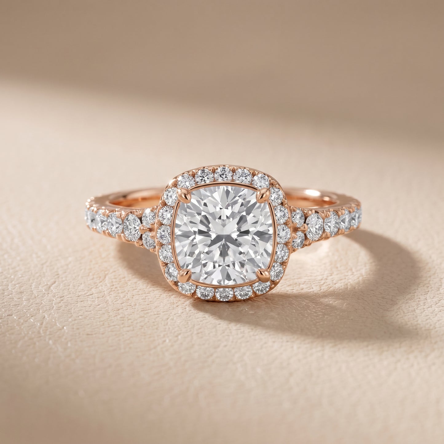 Bella Halo Pavé Cushion Diamond Engagement Ring in Rose Gold - front.jpg