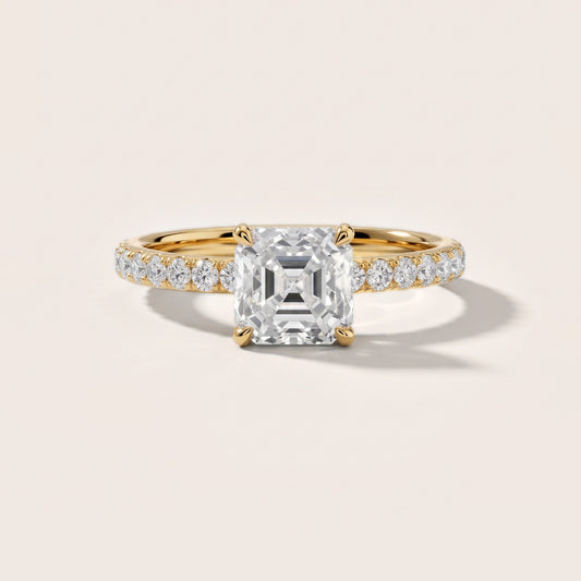 Thea Hidden Halo Pavé Asscher Diamond Engagement Ring in Yellow Gold