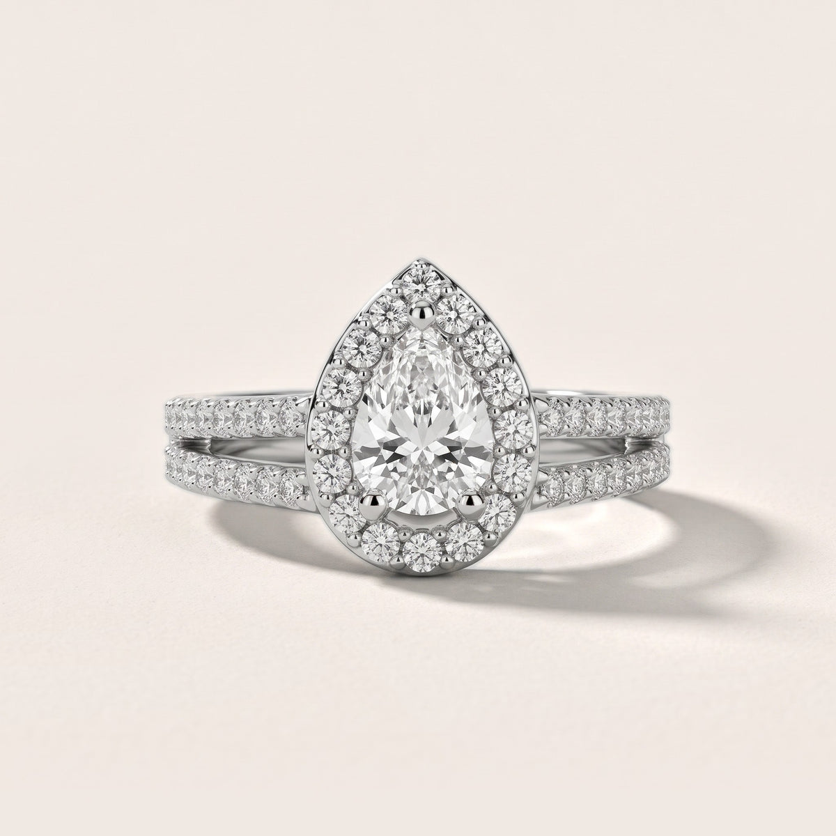 Tampa Halo Split Shank Pear Diamond Engagement Ring in White Gold - front.jpg