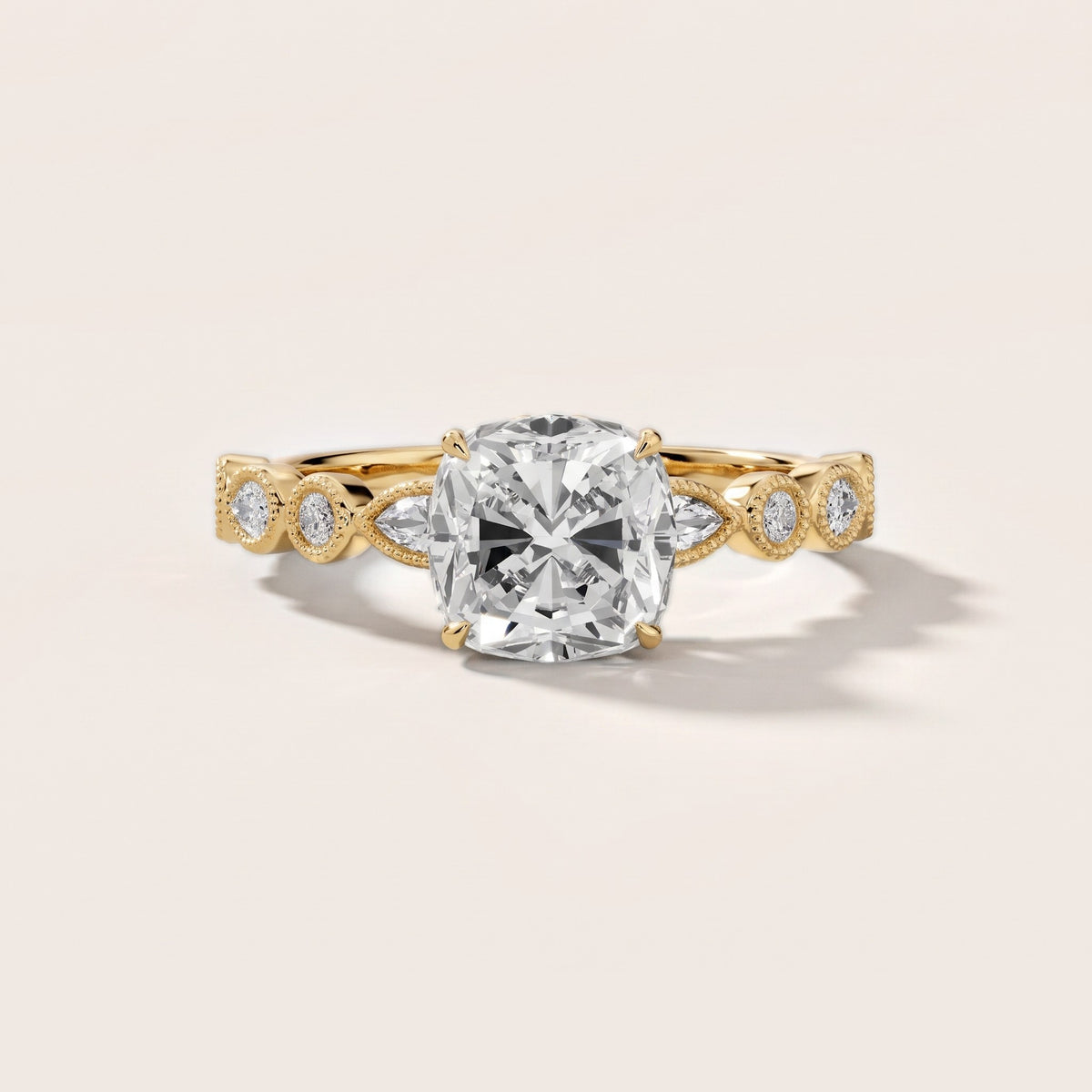 Lena Milgrain Leaf Cushion Diamond Engagement Ring in Yellow Gold - front.jpg