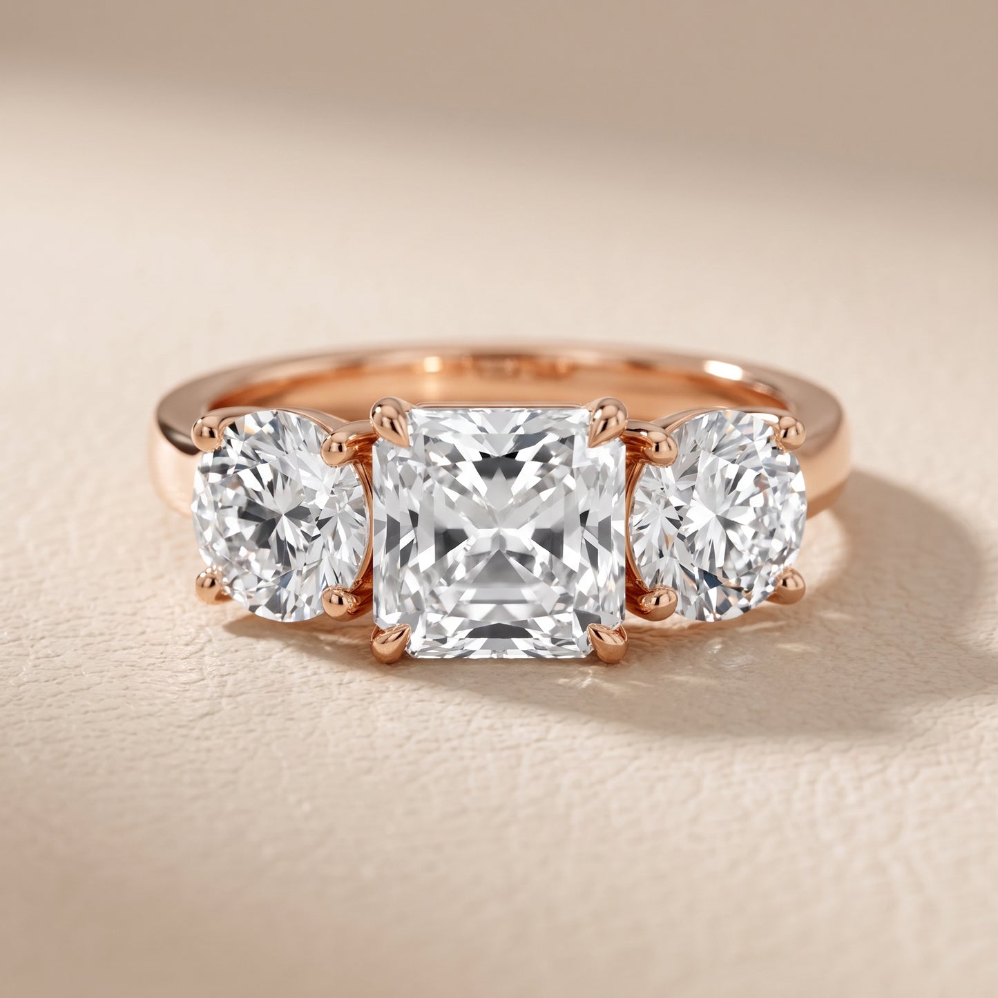 Esme Three-Stone Tapered Radiant Diamond Ring in Rose Gold - front.jpg