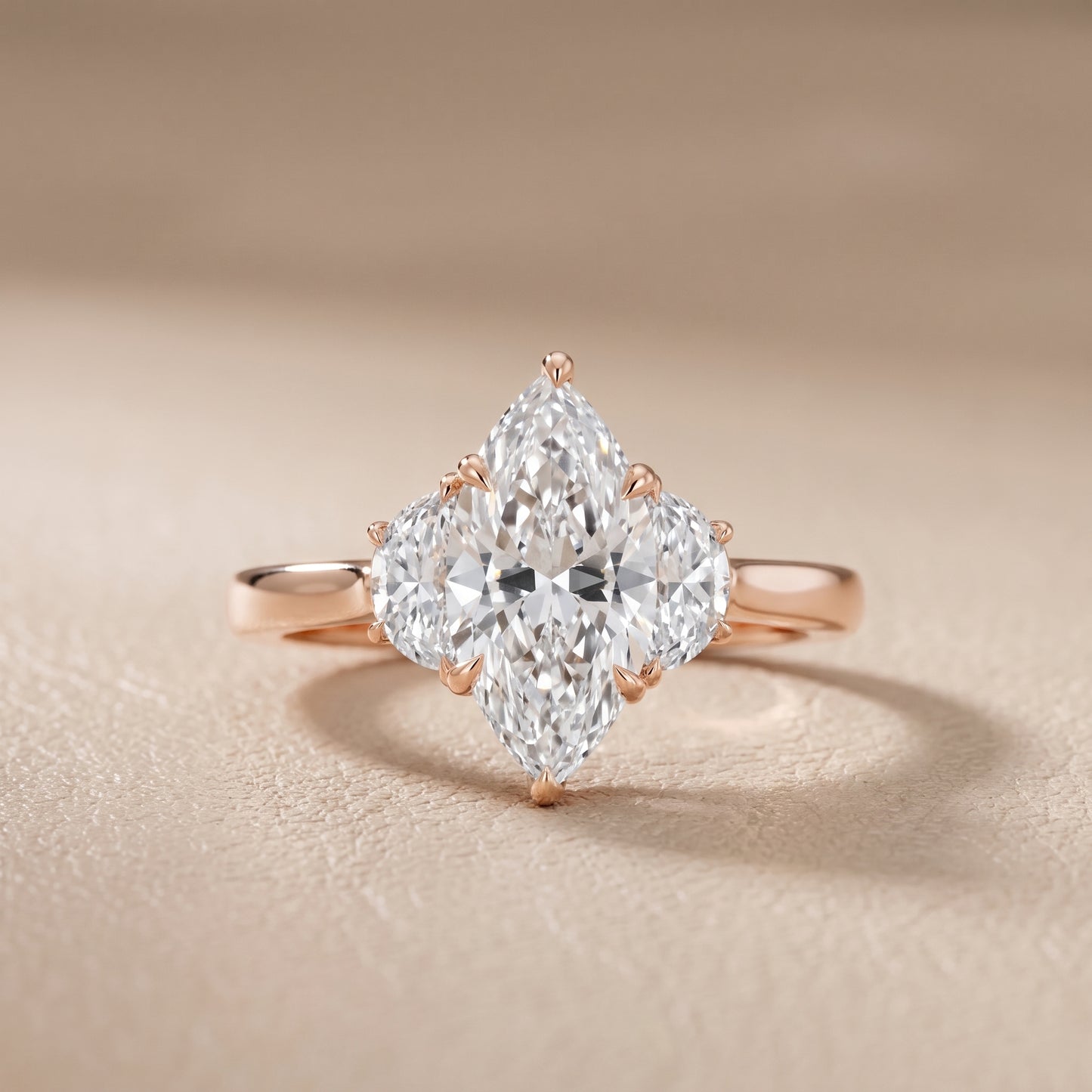 Romy Three-Stone Marquise Diamond Engagement Ring in Rose Gold - front.jpg