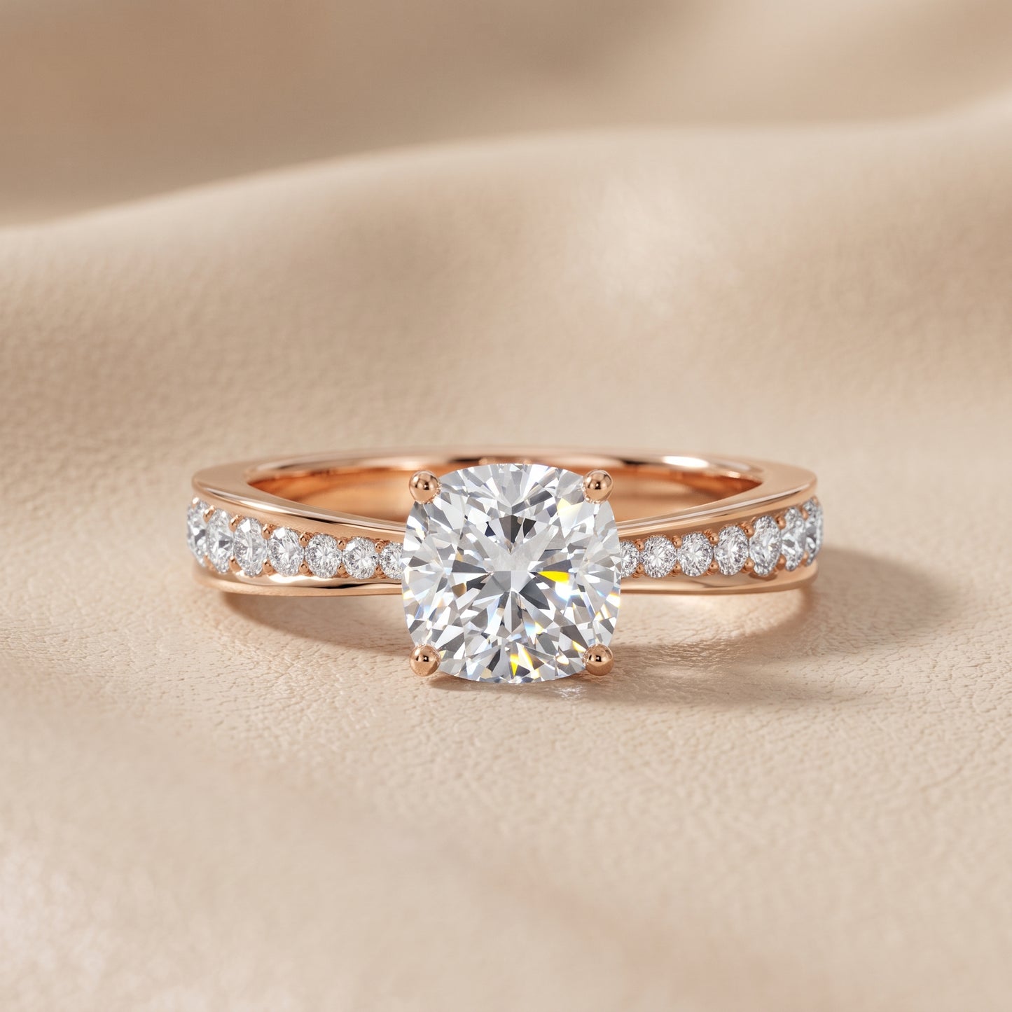 Rhea Sidestone Pavé Cushion Diamond Engagement Ring in Rose Gold - front.jpg