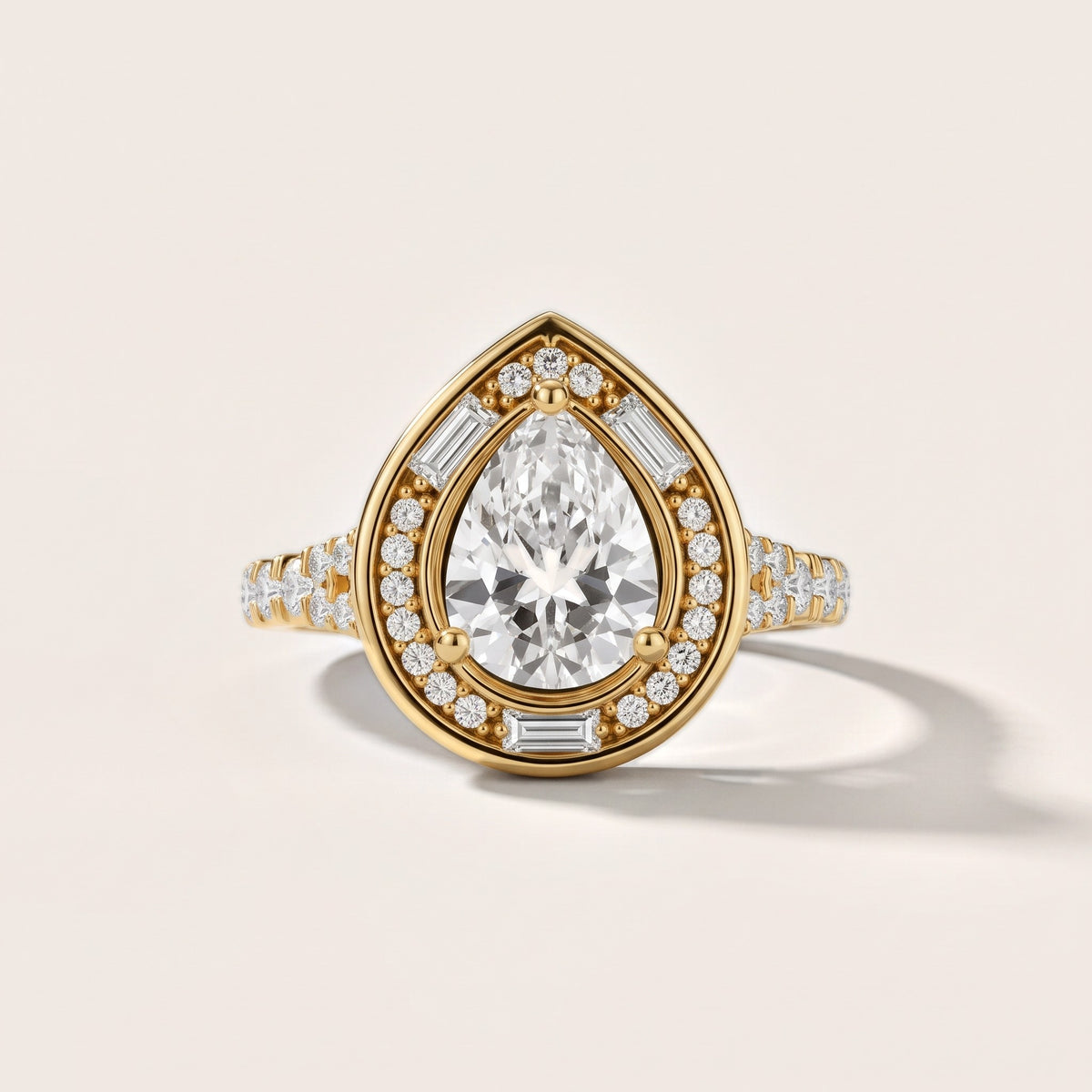 Berea Deco Halo Pear Diamond Engagement Ring in Yellow Gold - front.jpg