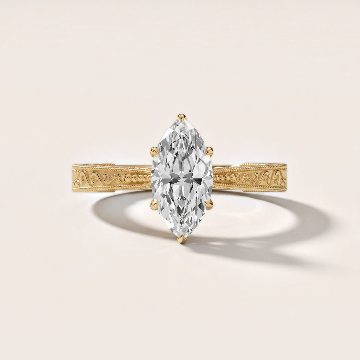 Kailua Vintage Engraved Marquise Diamond Engagement Ring in Yellow Gold - front.jpg