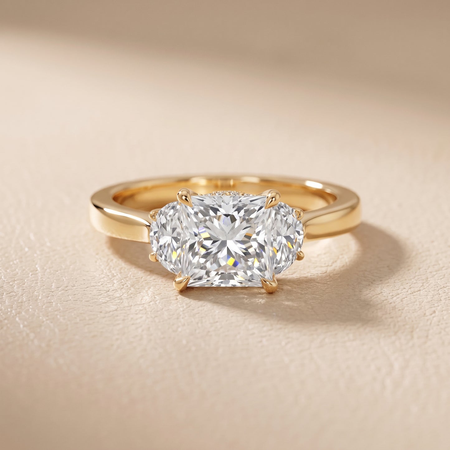 Romy Three-Stone Princess Diamond Engagement Ring in Yellow Gold - front.jpg