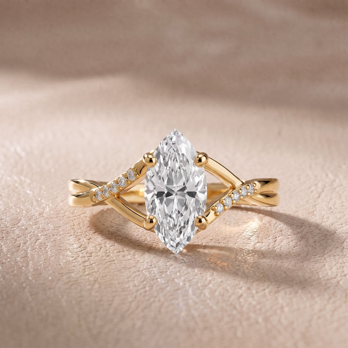 Veronica Twist Side Stone Marquise Diamond Engagement Ring in Yellow Gold - front.jpg