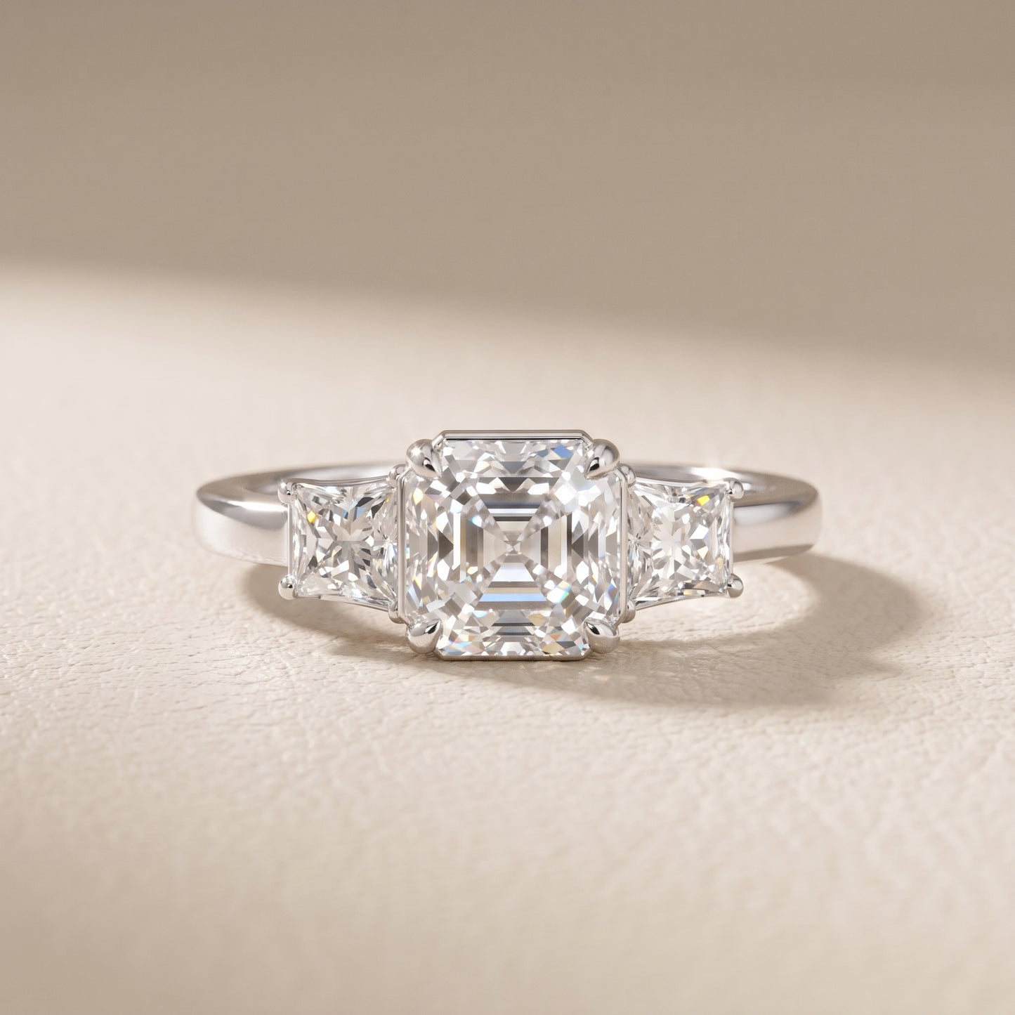 Selena Three-Stone Basket Asscher Diamond Ring in White Gold - front.jpg