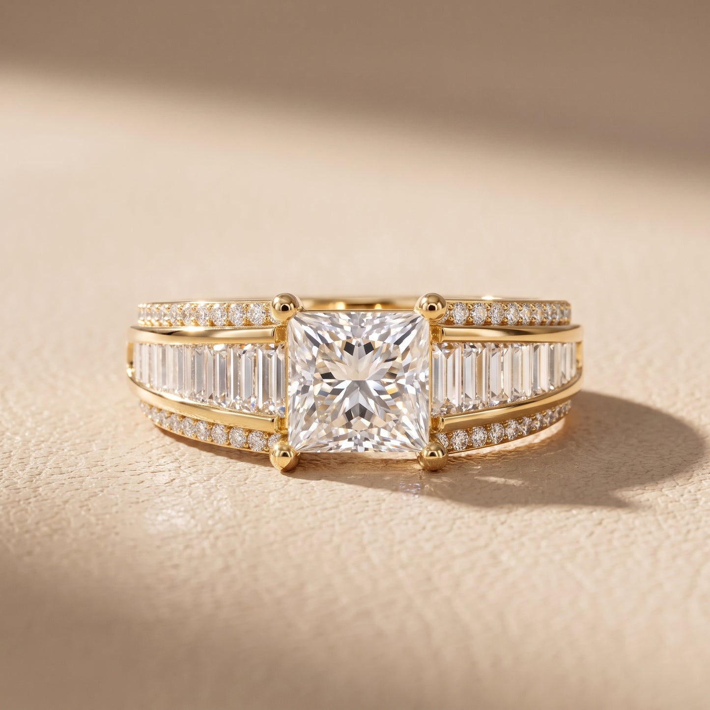 Halle Channel Set Baguette Accent Princess Diamond Engagement Ring in Yellow Gold - front.jpg