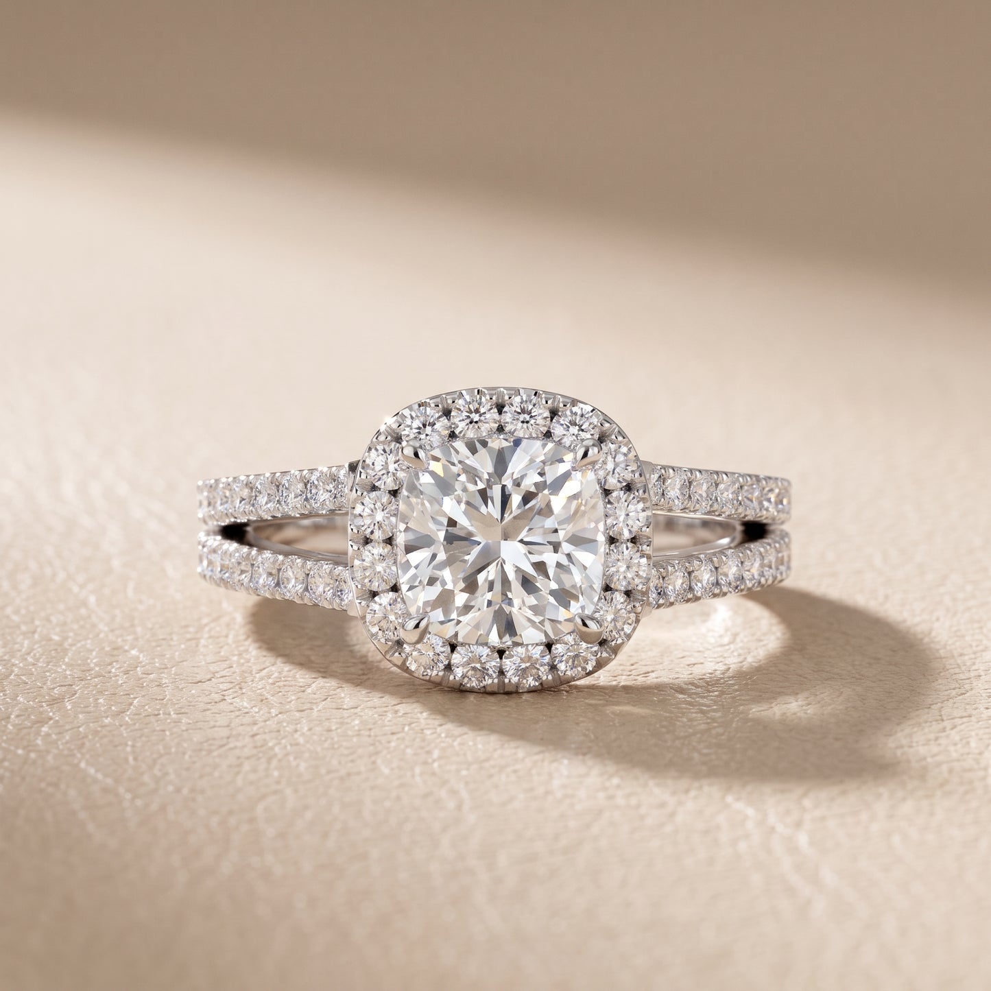 Kira Halo Split Shank Cushion Diamond Engagement Ring in Silver - front.jpg