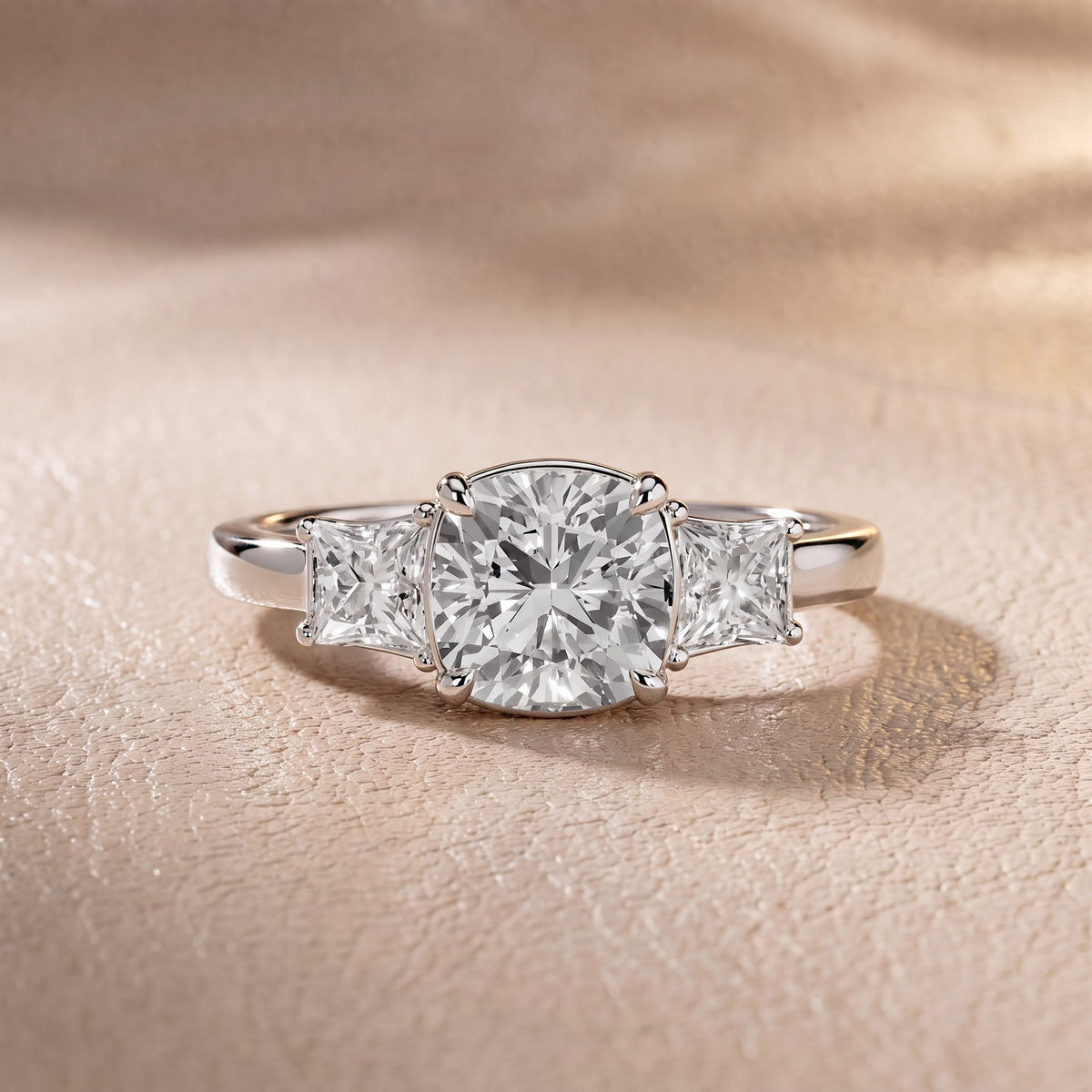 Aria Three-Stone Basket Cushion Diamond Engagement Ring in Silver - front.jpg