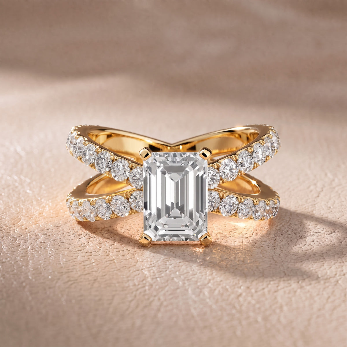 Ilaria Criss Cross Pavé Emerald Diamond Engagement Ring in Yellow Gold - front.jpg