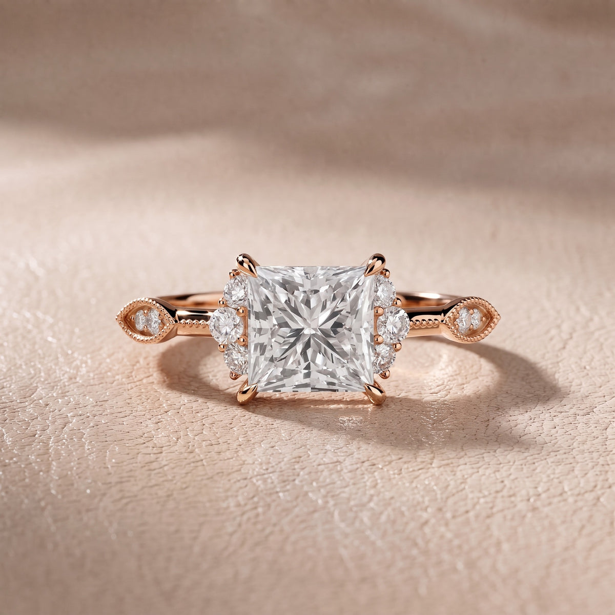 Naomi Vintage Milgrain Princess Diamond Engagement Ring in Rose Gold - front.jpg