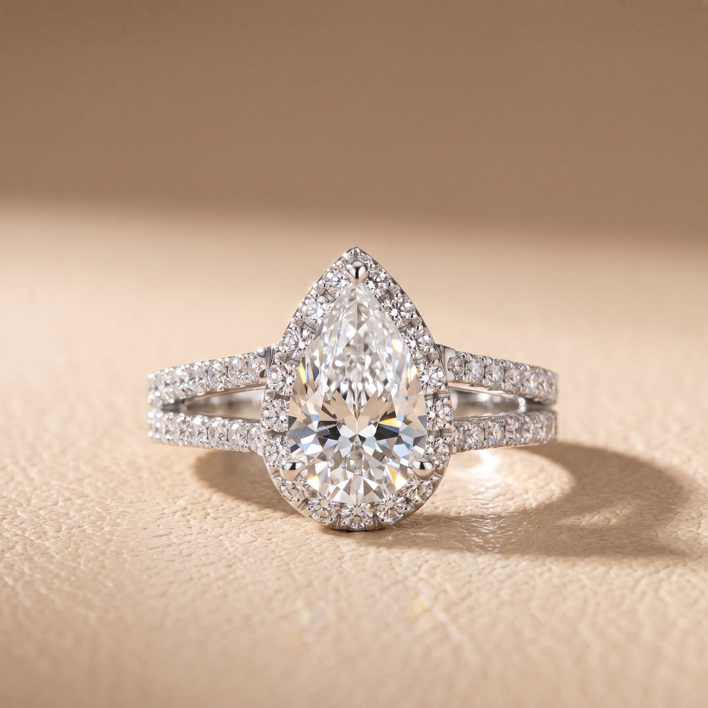 Kira Halo Split Shank Pear Diamond Engagement Ring in Silver - front.jpg