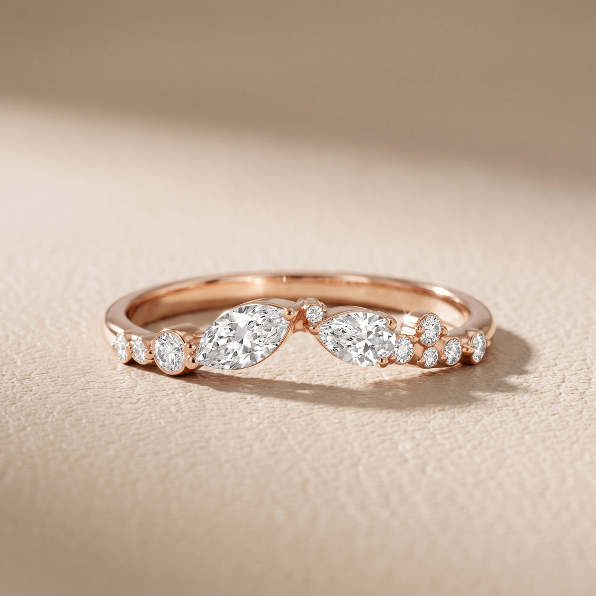 Hadley Curved Marquise, Pear & Round Diamond Wedding Band in Rose Gold - front.jpg