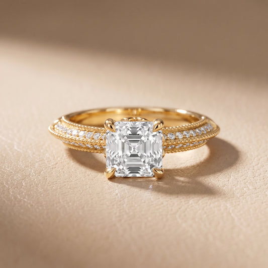 Indie Vintage Milgrain Asscher Diamond Engagement Ring in Yellow Gold - front.jpg
