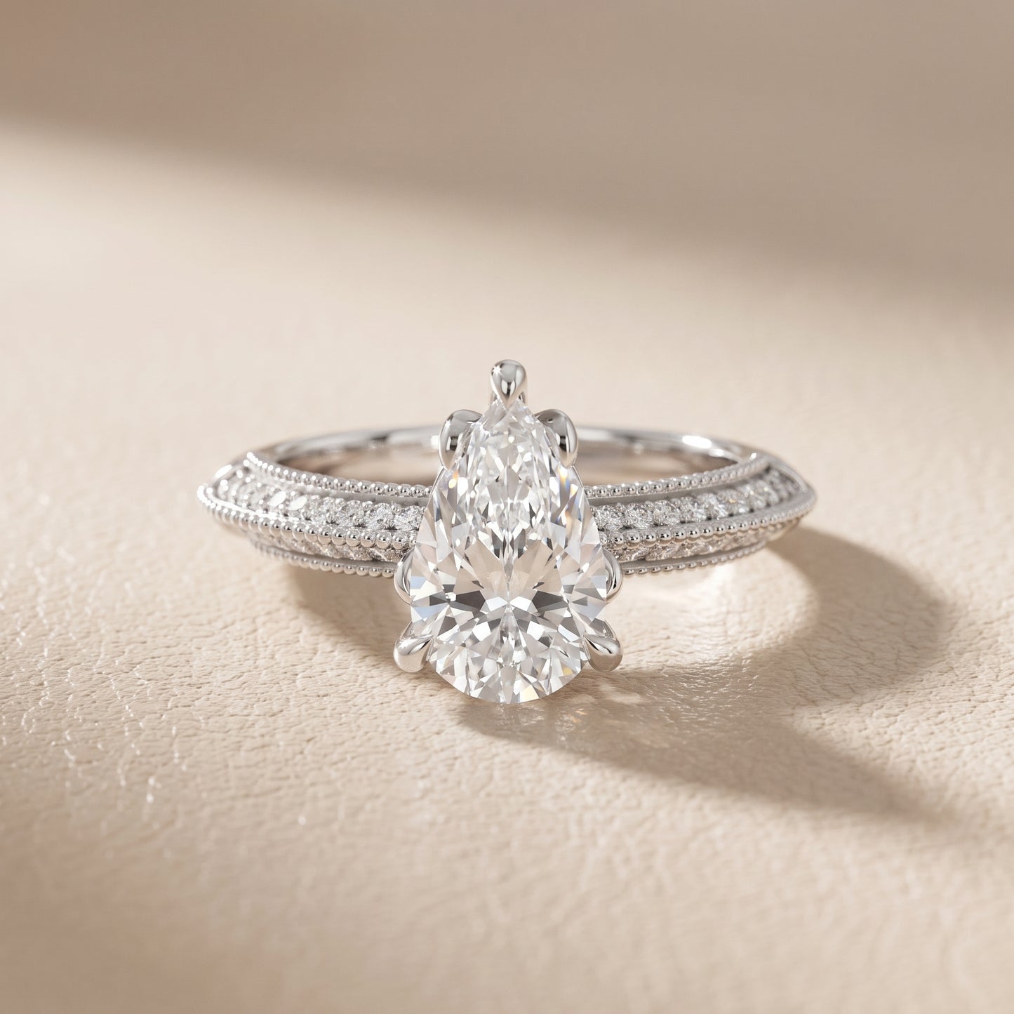 Indie Vintage Milgrain Pear Diamond Engagement Ring in White Gold - front.jpg
