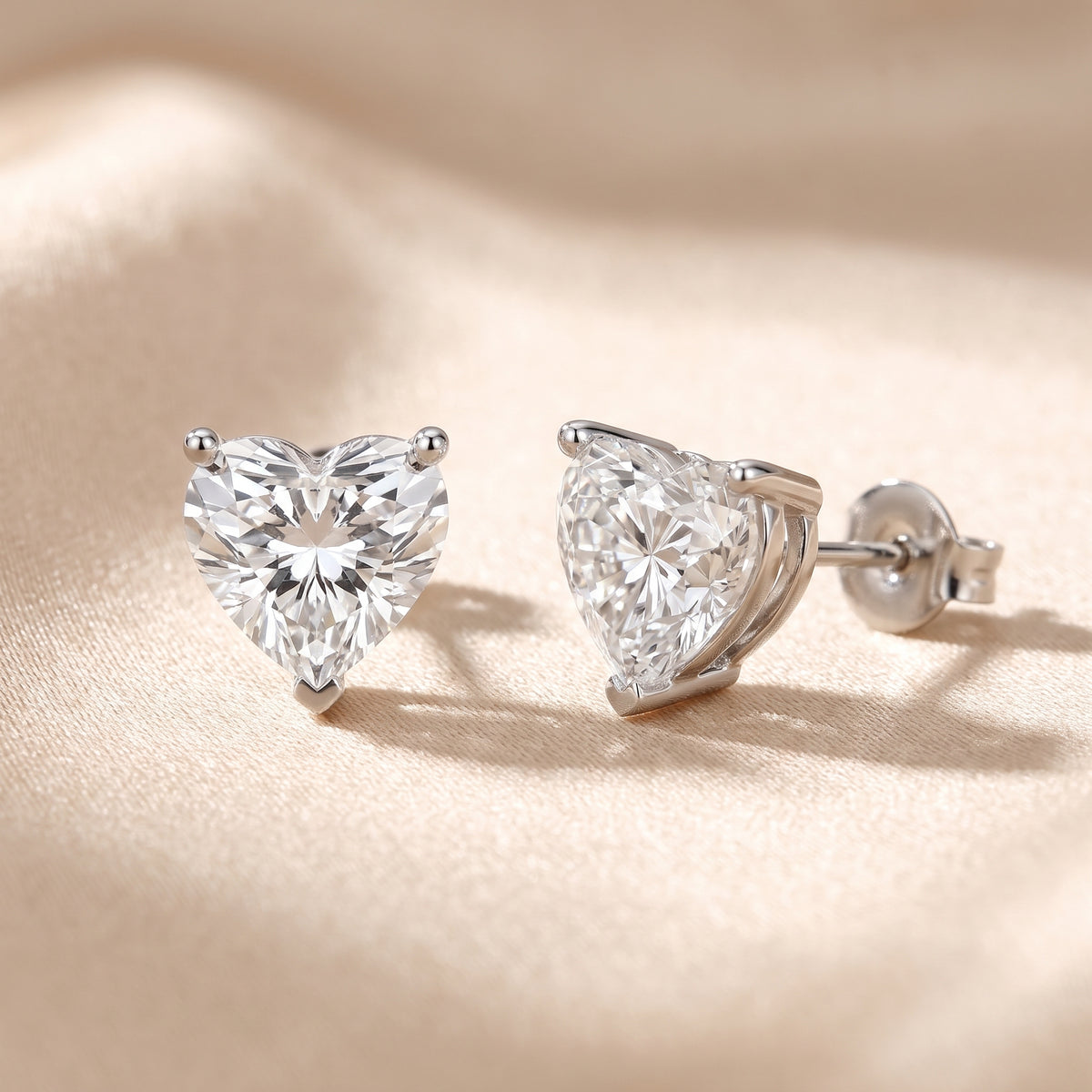 Four Prong Heart Diamond Stud Earrings in Silver - lifestyle