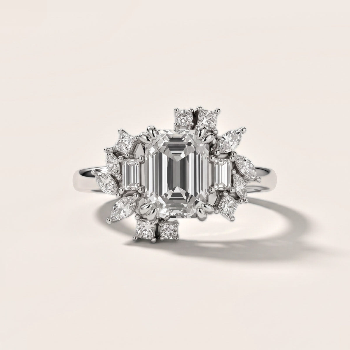 Eliana Starburst Cluster Emerald Diamond Engagement Ring in Silver - front.jpg