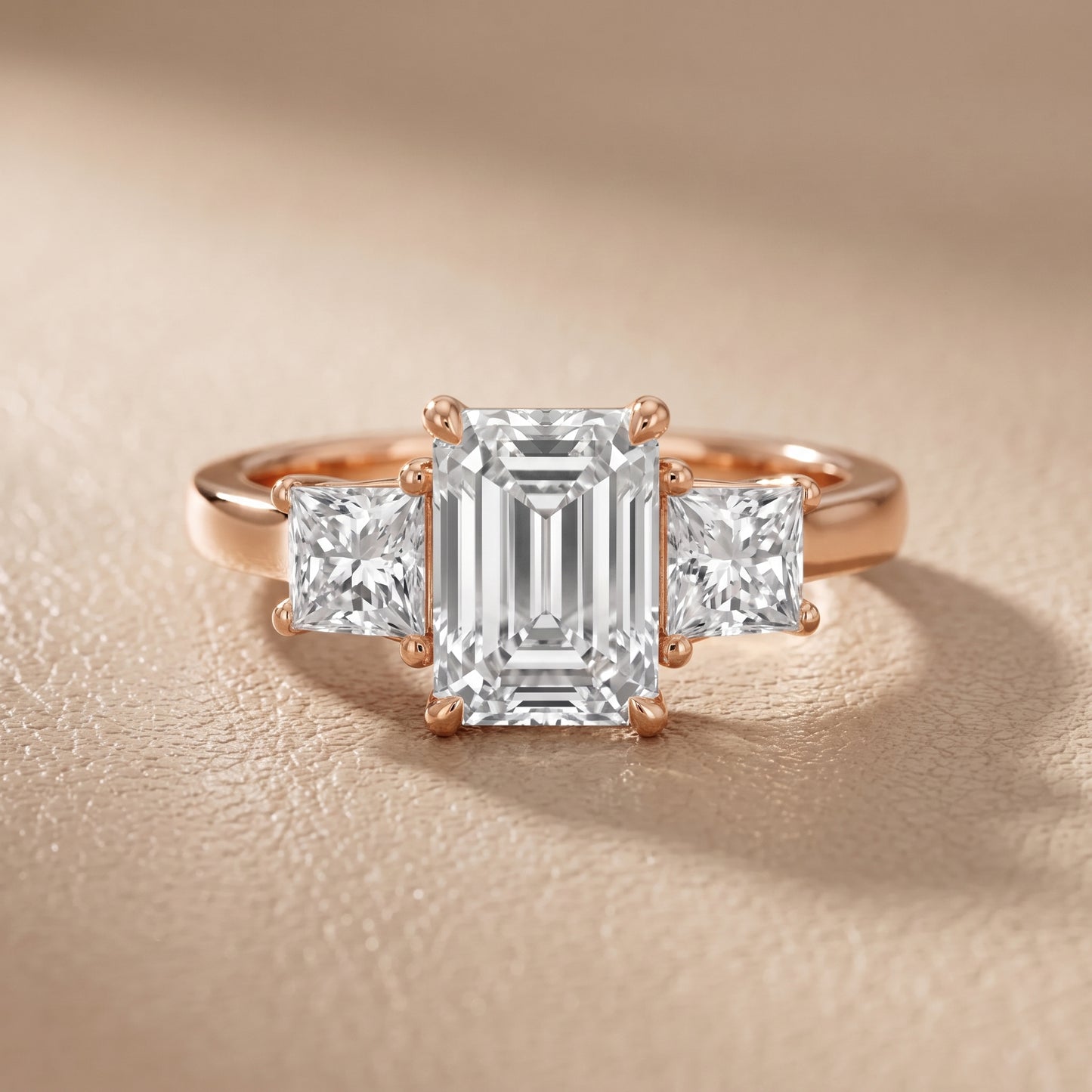 Sienna Three-Stone Emerald Diamond Ring in Rose Gold - front.jpg