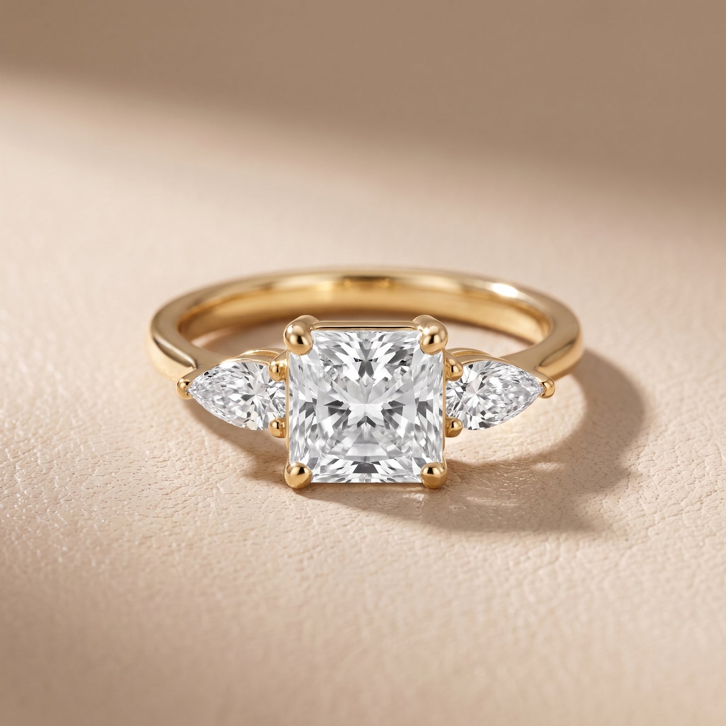Faye Three-Stone Trellis Radiant Diamond Ring in Yellow Gold - front.jpg