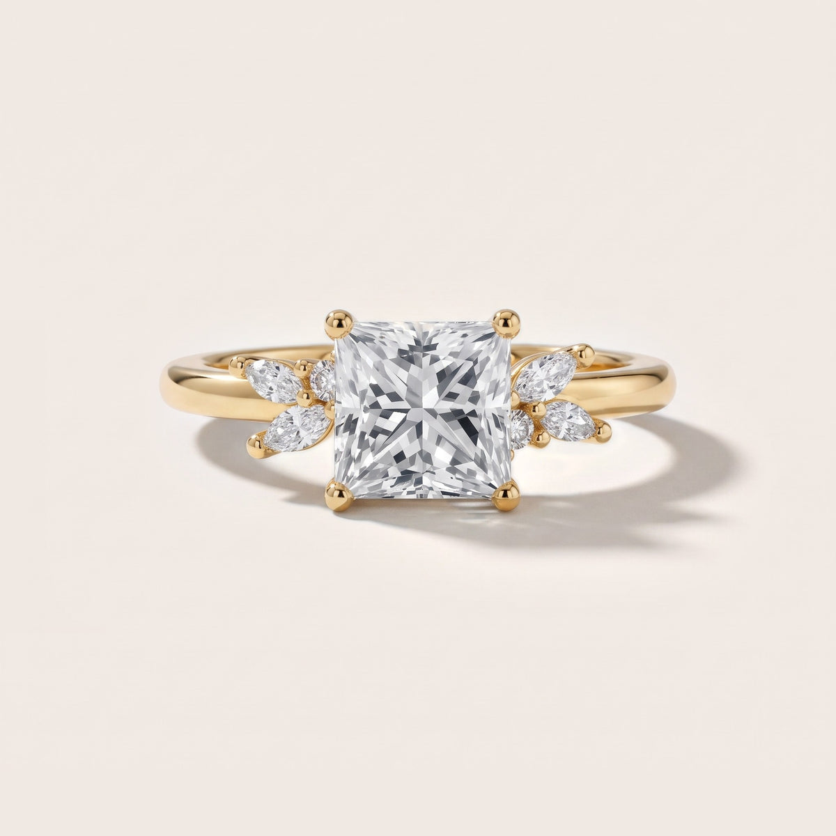 Avon Leaf Cluster Princess Diamond Engagement Ring in Yellow Gold - front.jpg