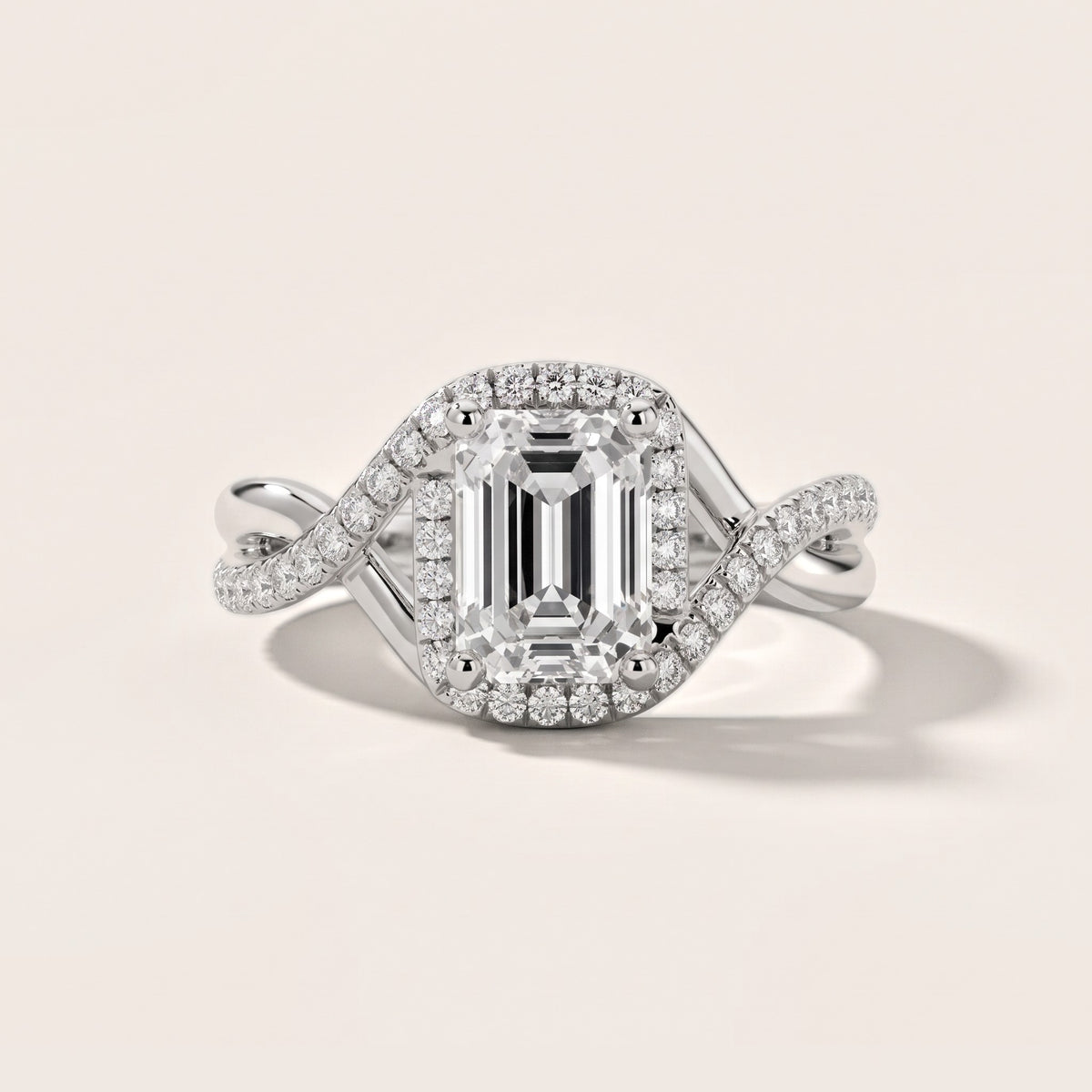 Dover Twist Halo Emerald Diamond Engagement Ring in Silver - front.jpg