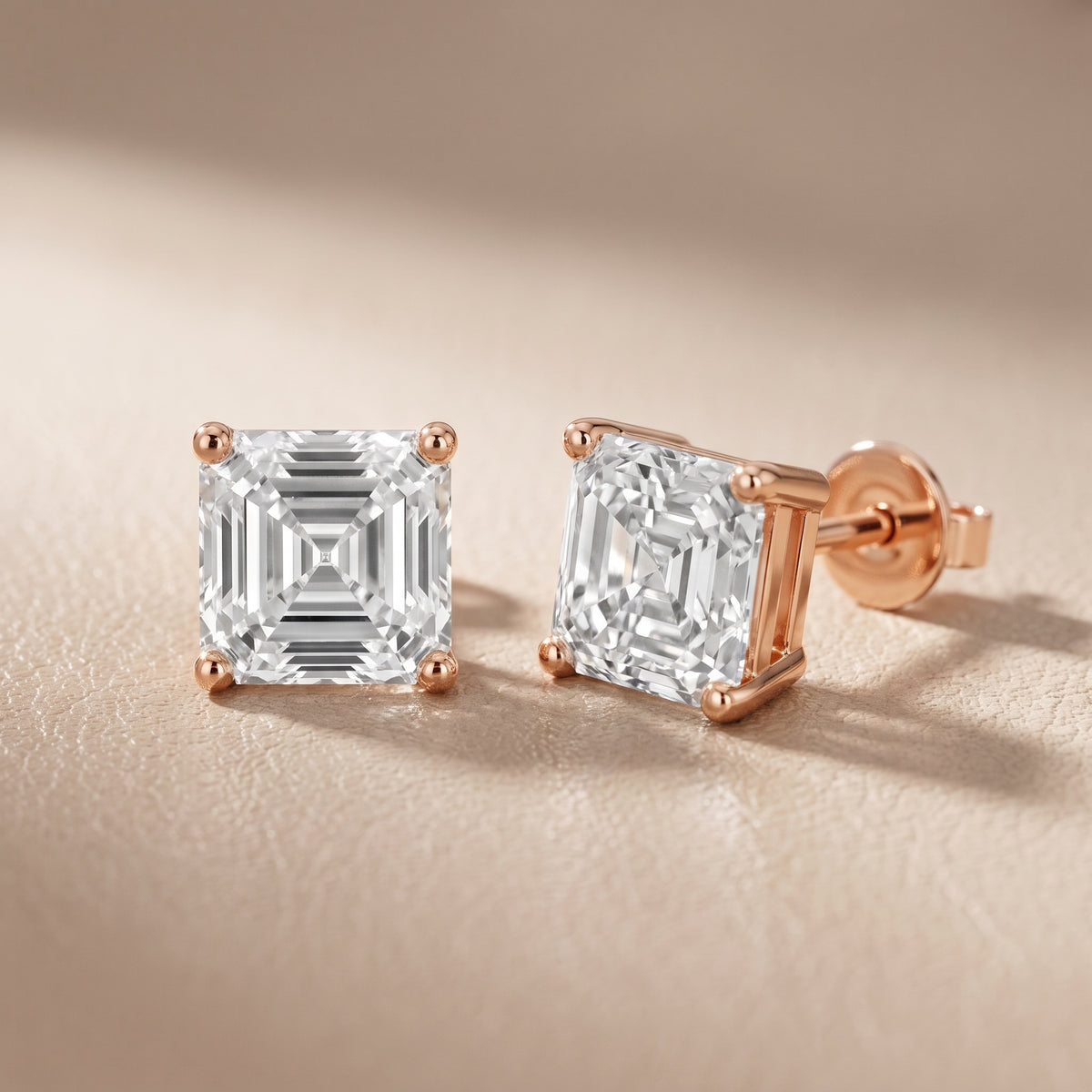 Four Prong Asscher Diamond Stud Earrings in Rose Gold - lifestyle