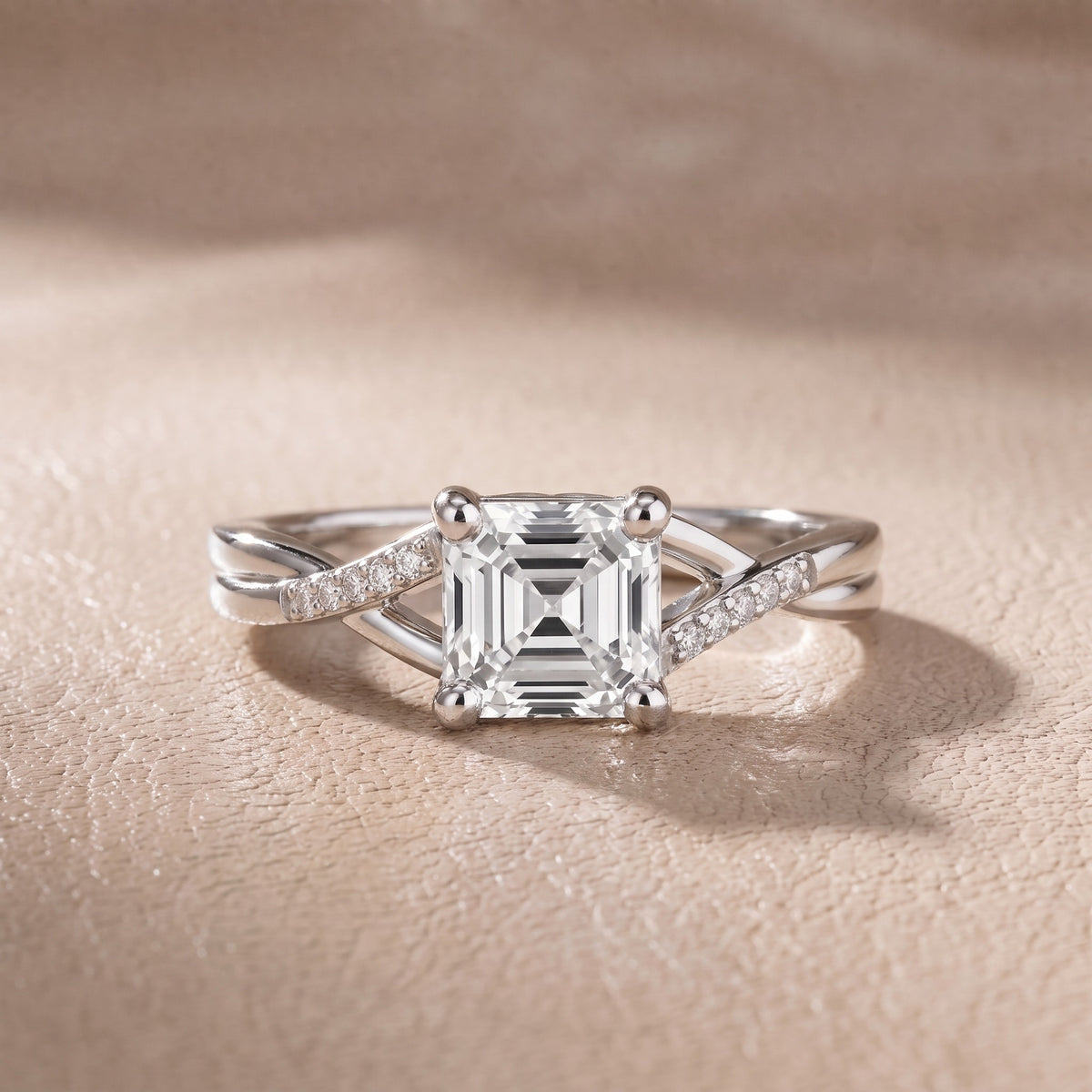 Veronica Twist Side Stone Asscher Diamond Engagement Ring in Silver - front.jpg