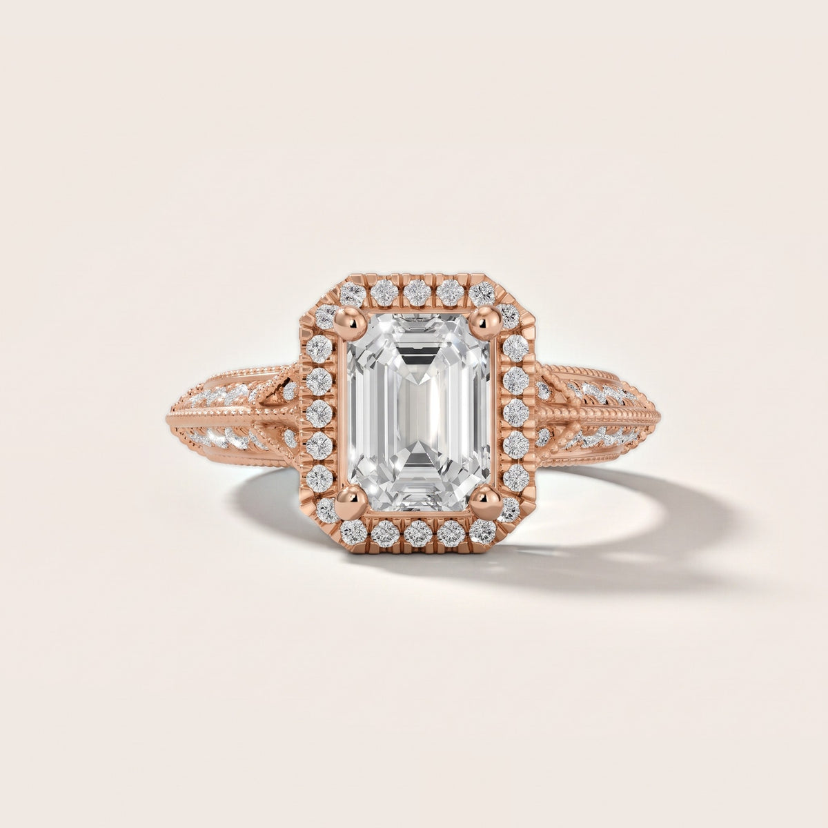 Logan Milgrain Halo Emerald Diamond Engagement Ring in Rose Gold - front.jpg