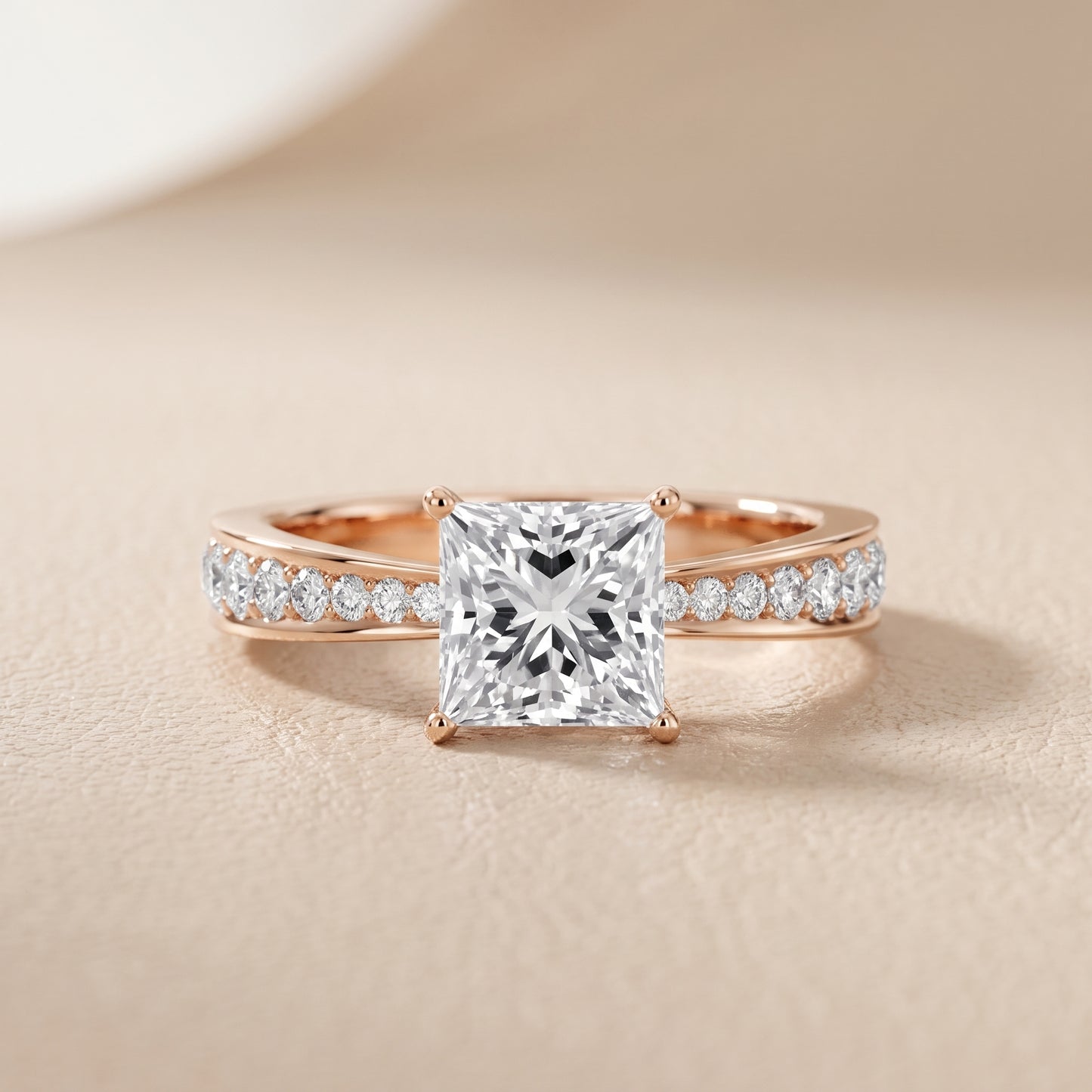 Rhea Sidestone Pavé Princess Diamond Engagement Ring in Rose Gold - front.jpg