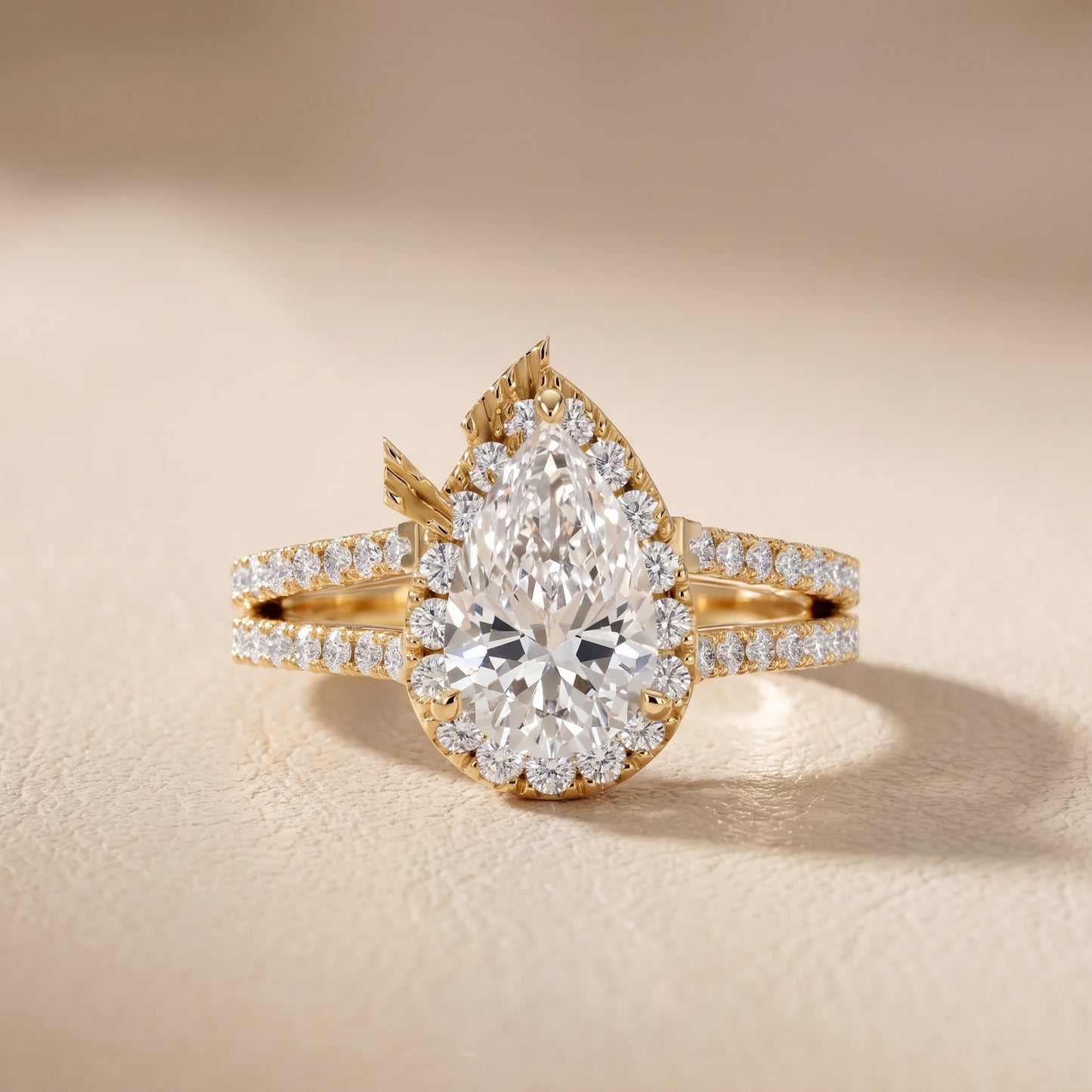 Kira Halo Split Shank Pear Diamond Engagement Ring in Yellow Gold - front.jpg
