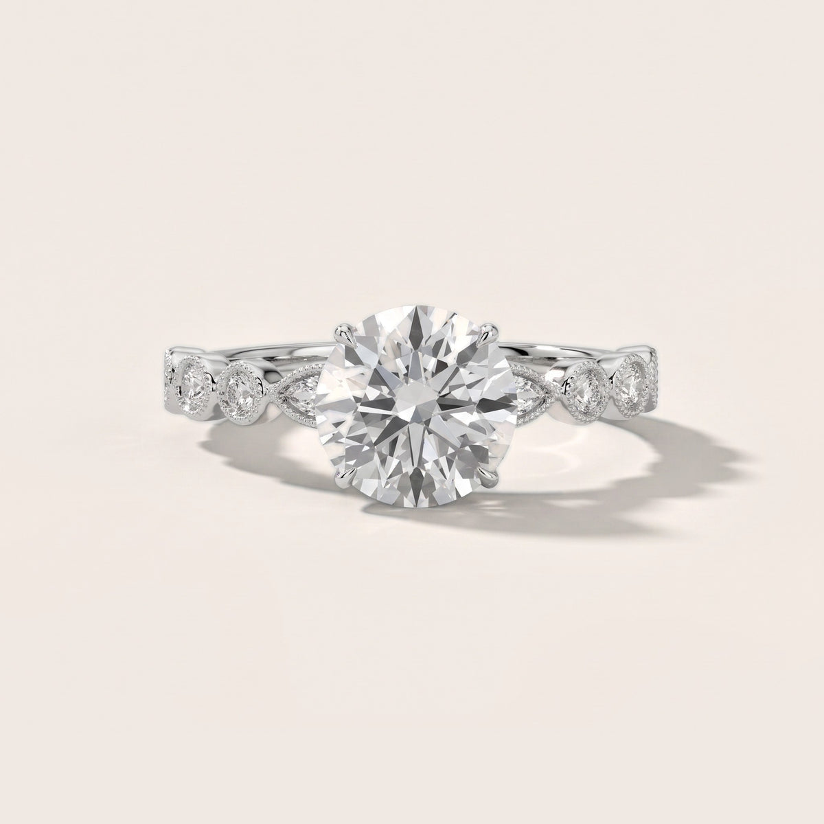 Lena Milgrain Leaf Round Diamond Engagement Ring in Silver - front.jpg