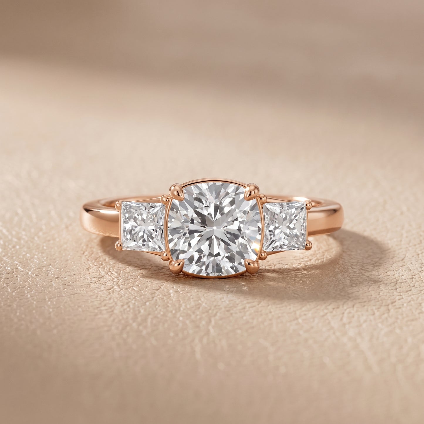 Selena Three-Stone Basket Cushion Diamond Ring in Rose Gold - front.jpg