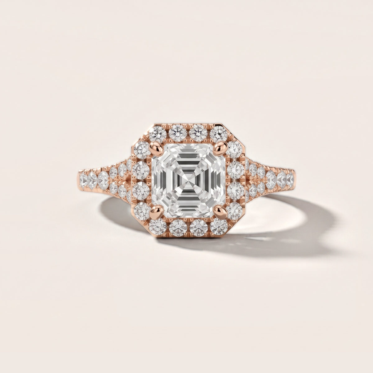 Kenner Halo Split Shank Asscher Diamond Engagement Ring in Rose Gold - front.jpg