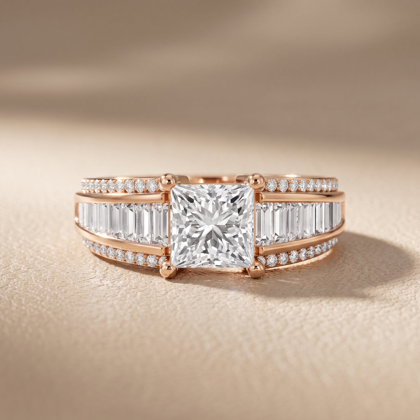 Halle Channel Set Baguette Accent Princess Diamond Engagement Ring in Rose Gold - front.jpg