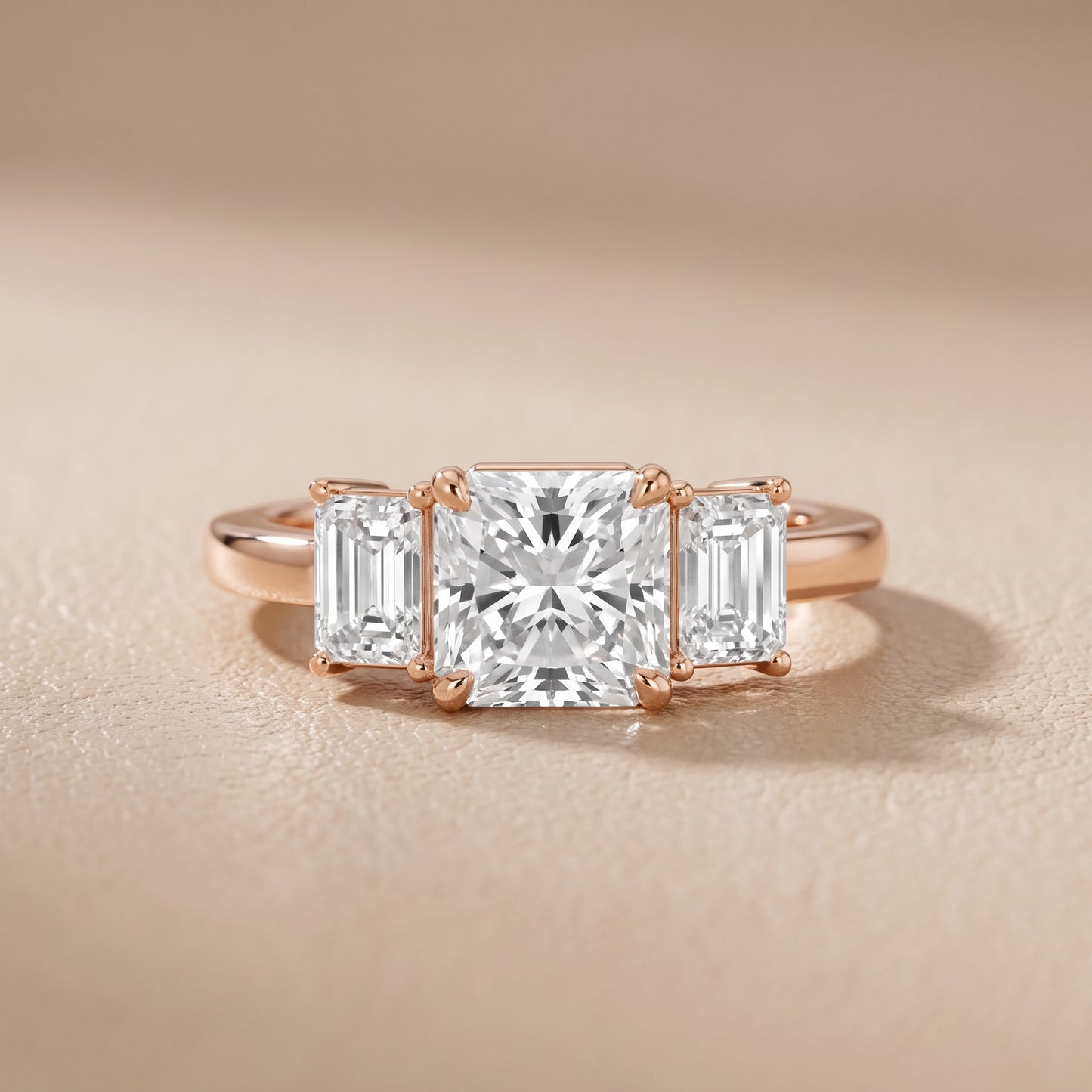 Zoe Three-Stone Radiant Diamond Ring in Rose Gold - front.jpg