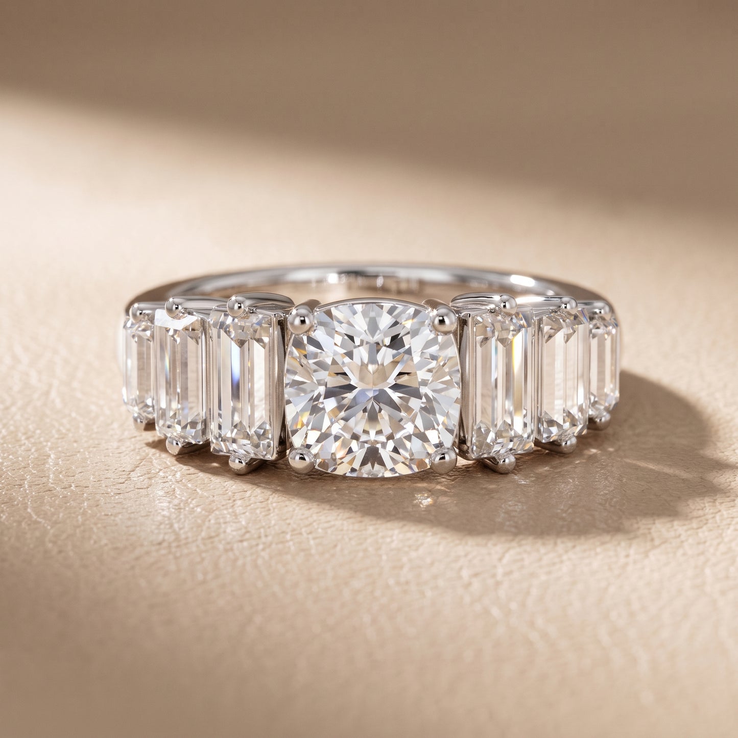 Mara Sidestone Baguette Accent Cushion Diamond Engagement Ring in Platinum - front.jpg