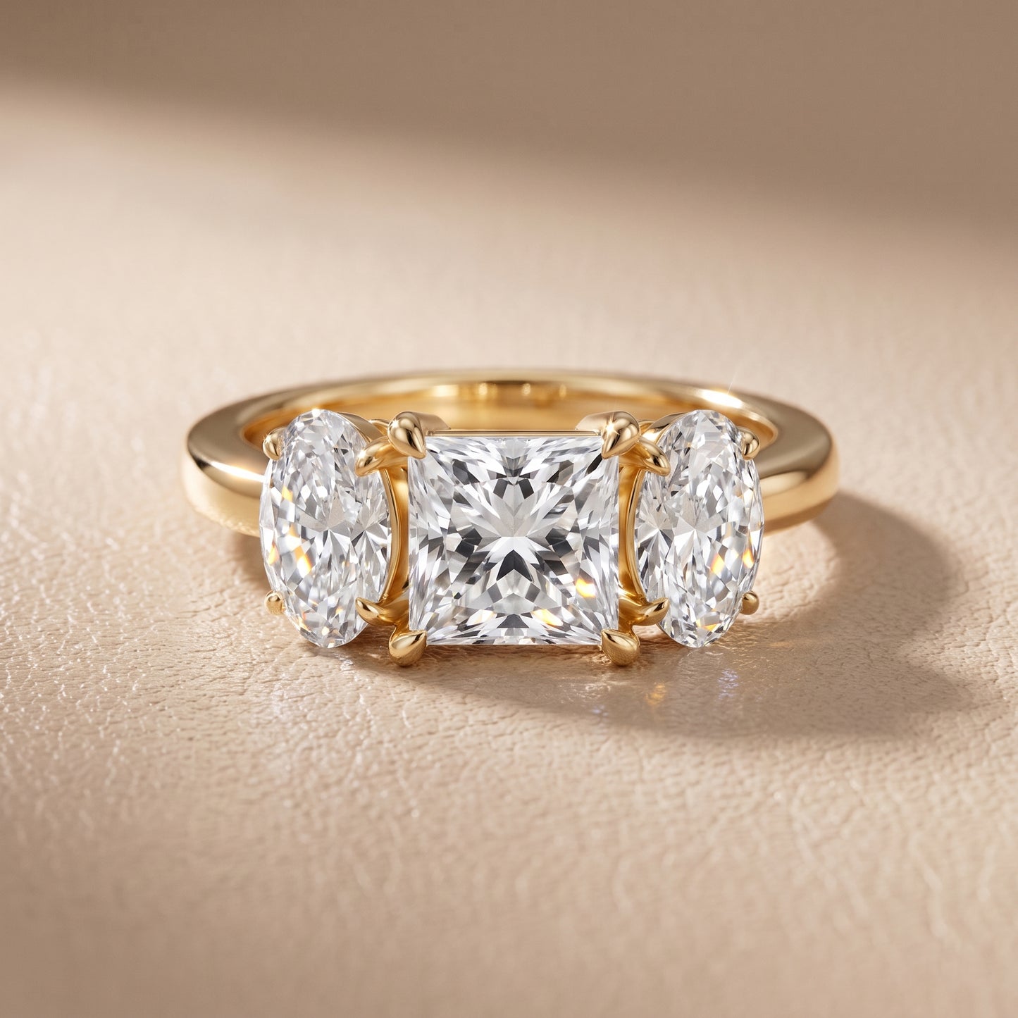 Lila Three-Stone Princess Diamond Ring in Yellow Gold - front.jpg
