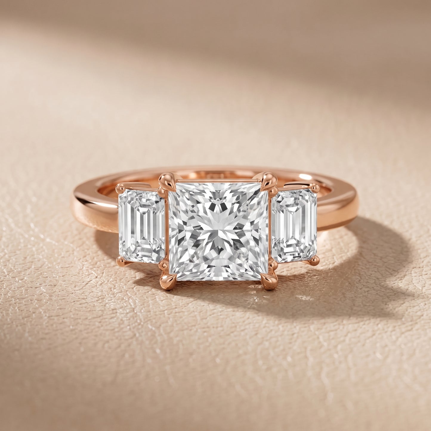 Zoe Three-Stone Princess Diamond Ring in Rose Gold - front.jpg