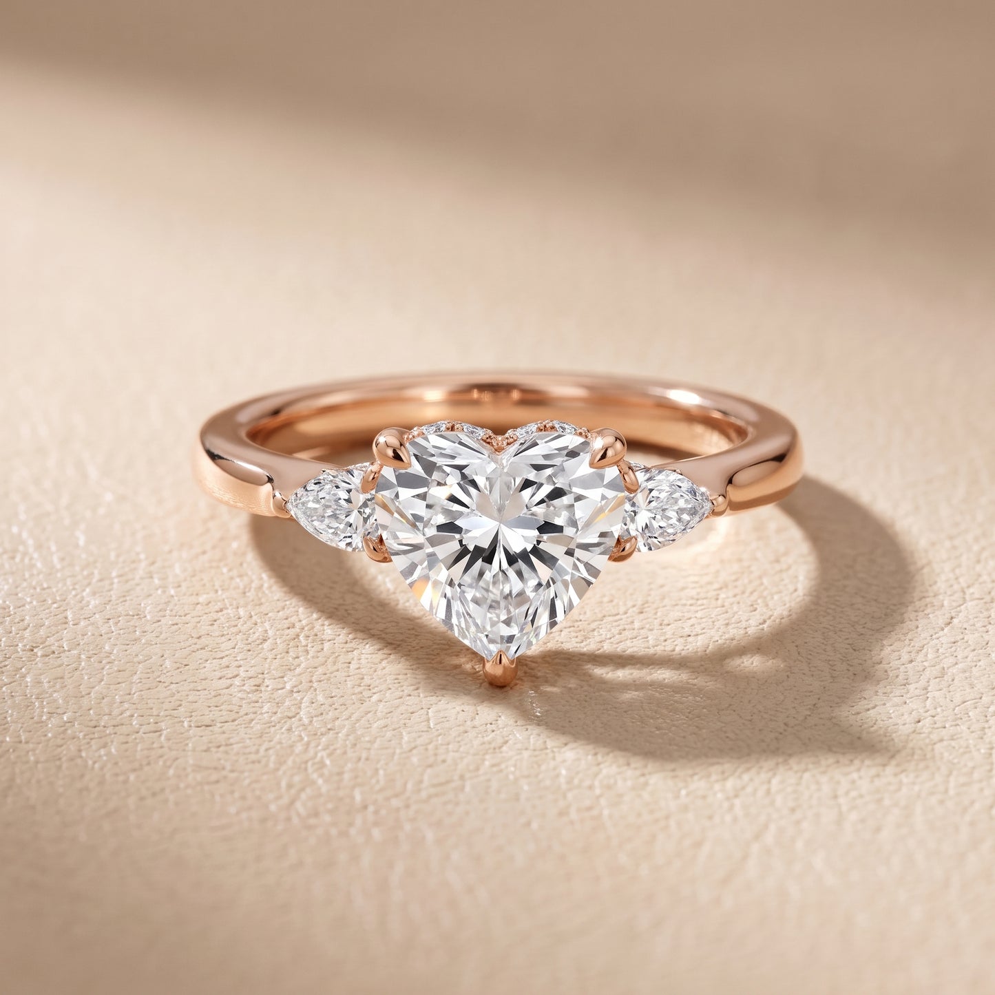 Leila Three-Stone Heart Diamond Engagement Ring in Rose Gold - front.jpg