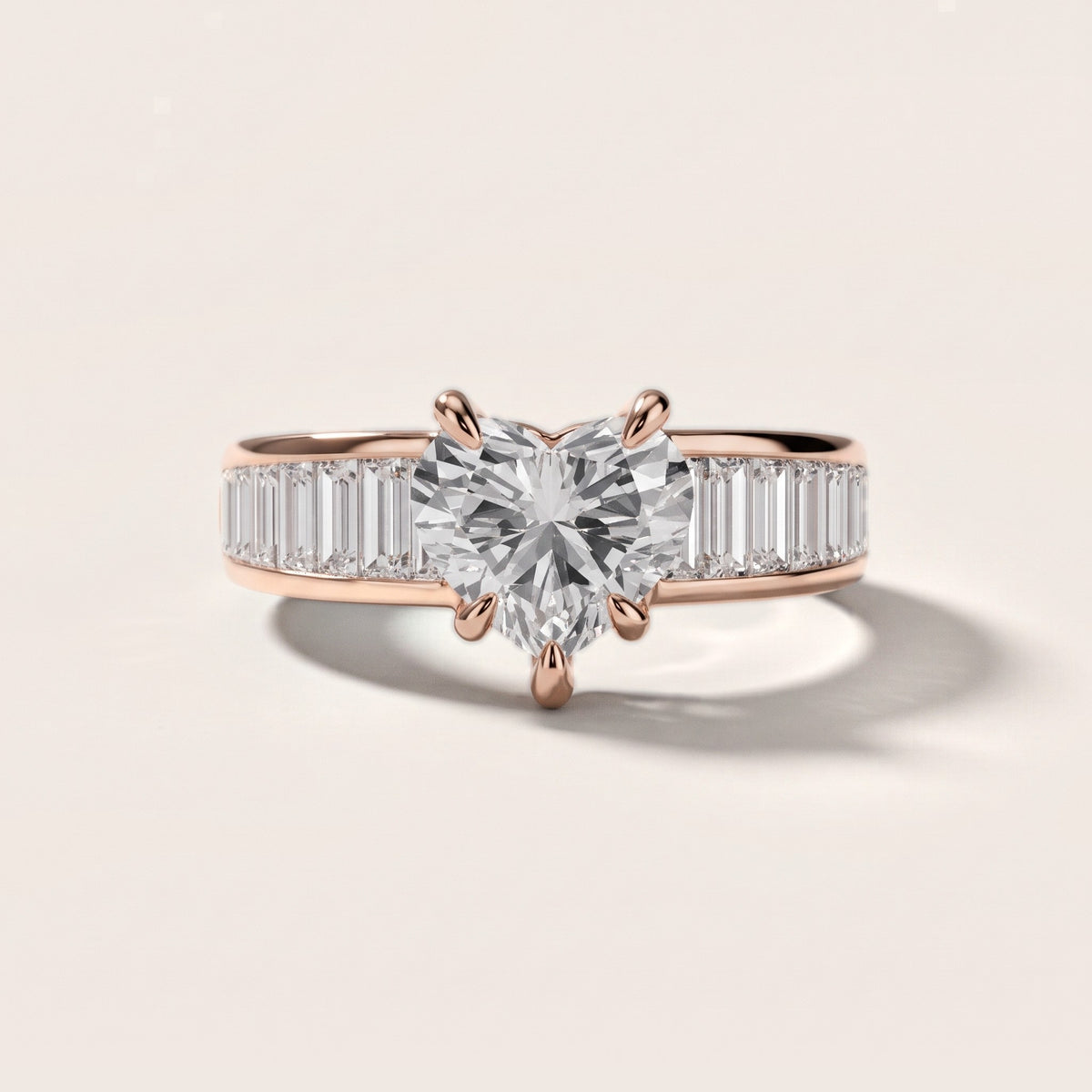 Hilo Baguette Channel Set Heart Diamond Engagement Ring in Rose Gold - front.jpg