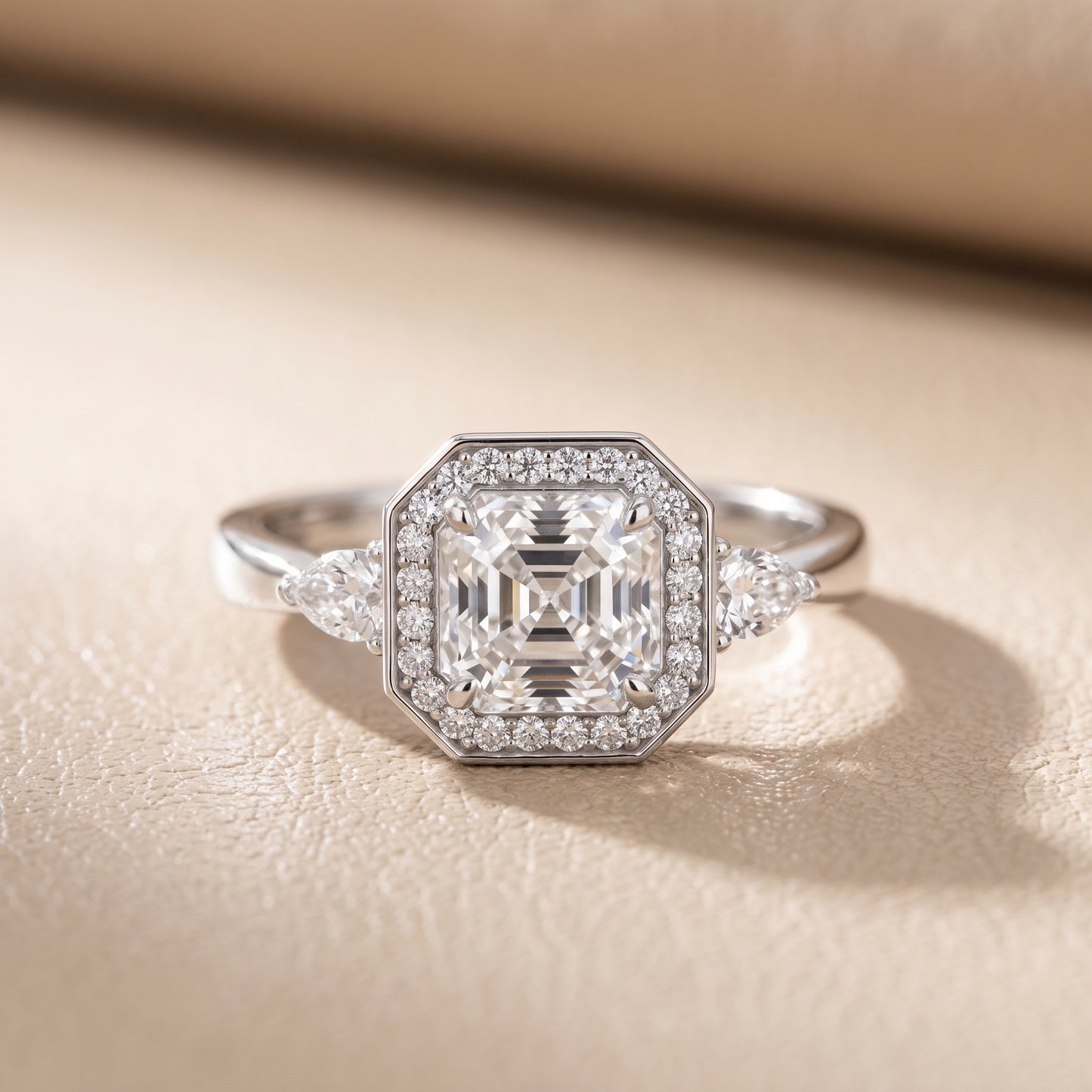 Eliza Halo Sidestone Asscher Diamond Engagement Ring in White Gold - front.jpg