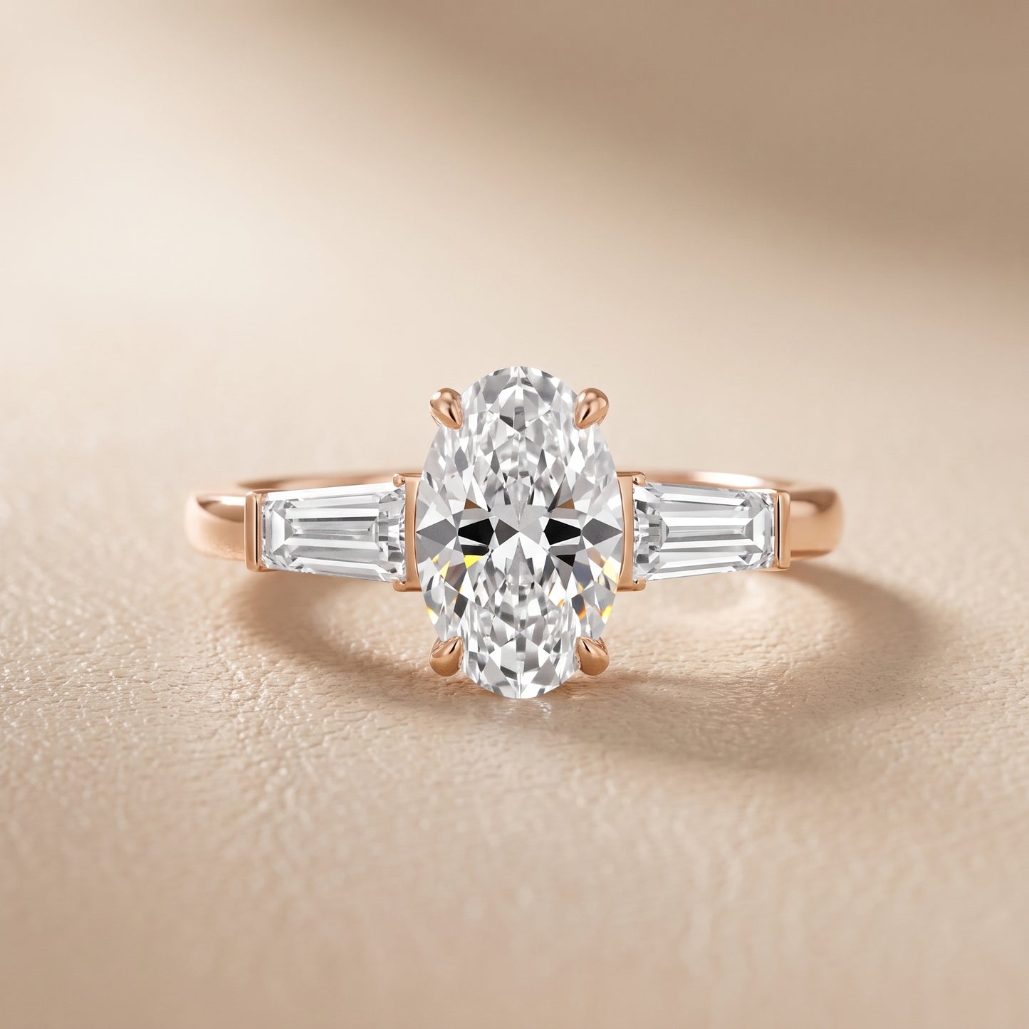 Zelda Tapered Baguette Oval Diamond Engagement Ring in Rose Gold - front.jpg